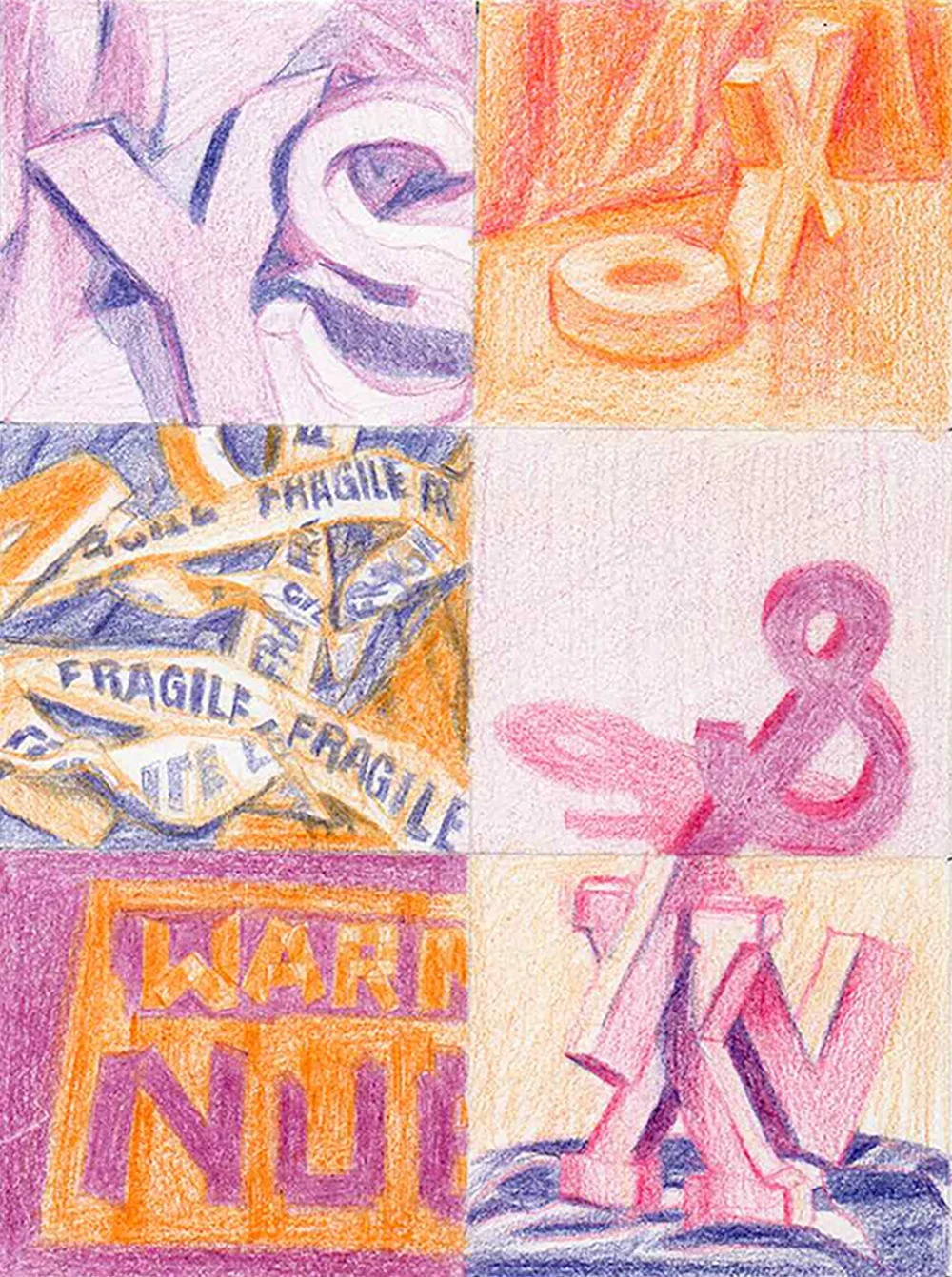 A colourful drawing divided into six sections, featuring the letters and various abstract shapes.