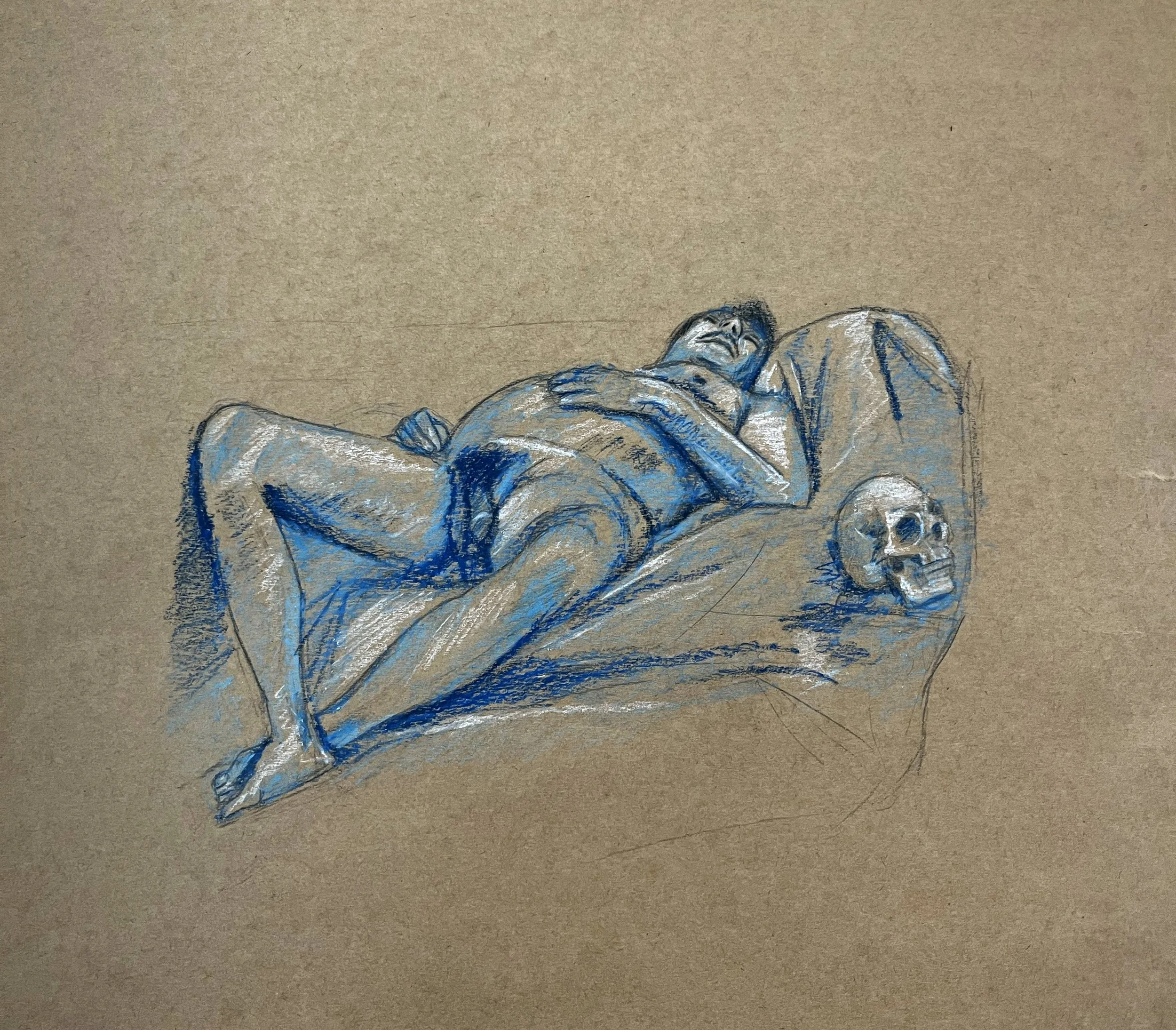 Sketch of a reclining nude man with, eyes closed, lying on his back with one arm resting on his stomach, on a textured brown paper. Skull next to the figure.