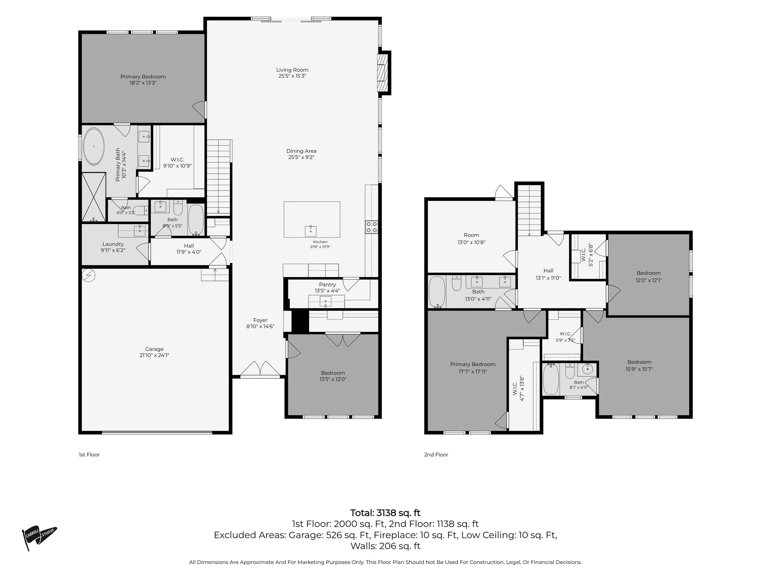 Floor plan of a multi-story house with rooms labeled for bedrooms, bathrooms, living space, kitchen, pantry, laundry, garage, and hallways, including specific measurements for each room.