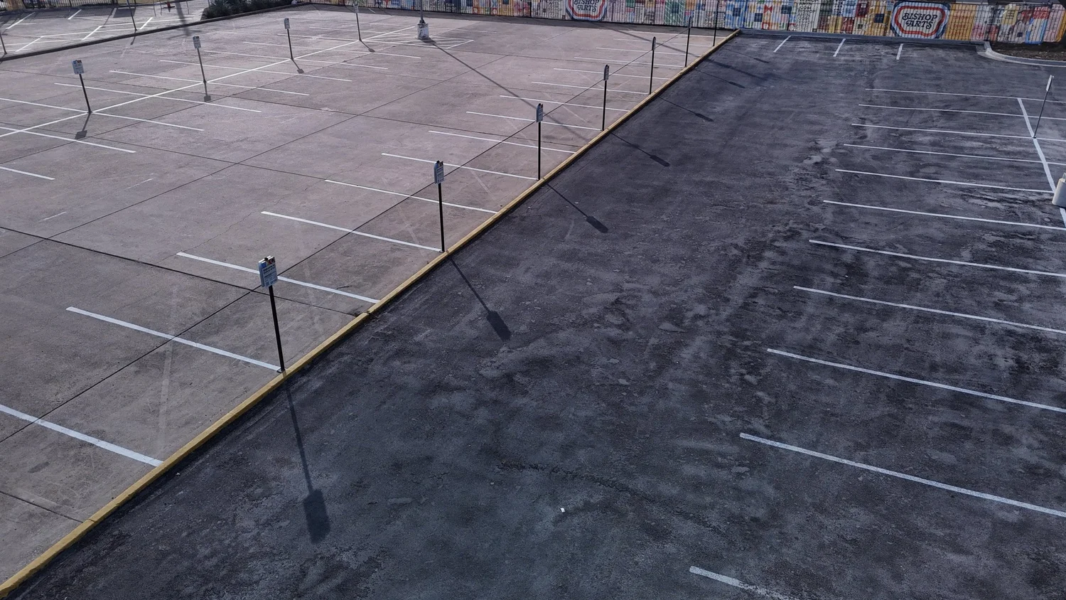 Aerial photograph of the striped parking area at 10th and Madison