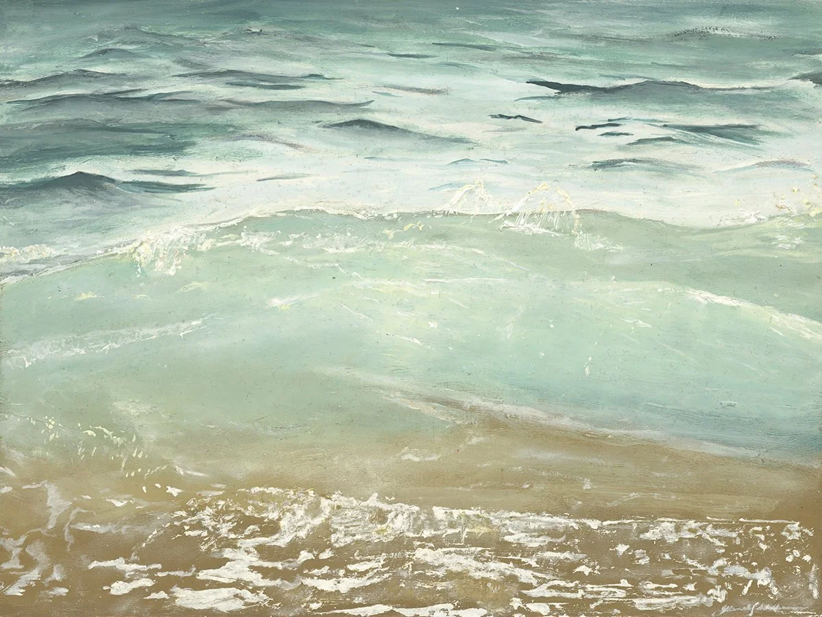 Painting of a beach scene with waves crashing onto the sandy shore.