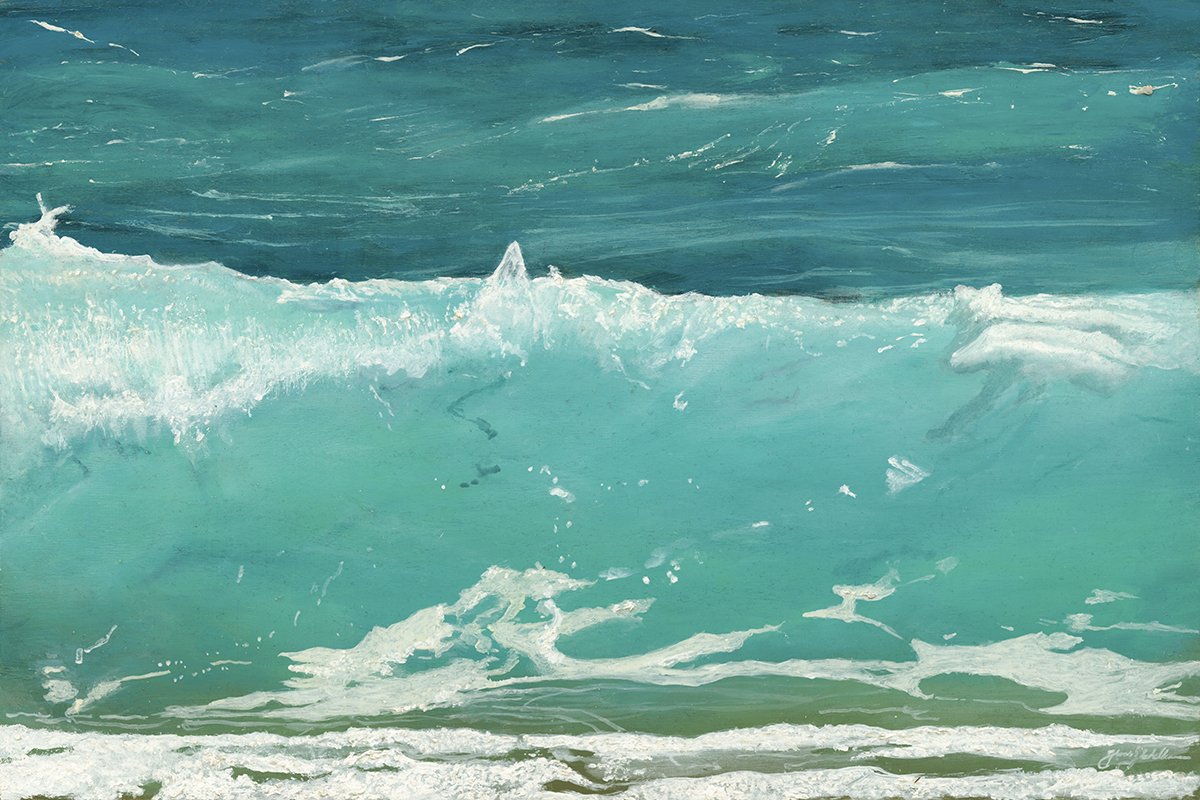 Painting of turquoise ocean waves crashing onto the shore.