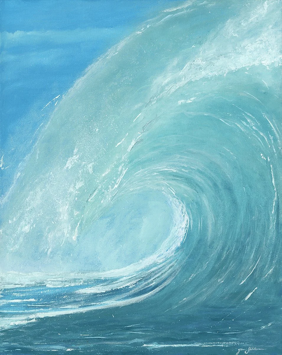 Painting of a large ocean wave with shades of blue and white.
