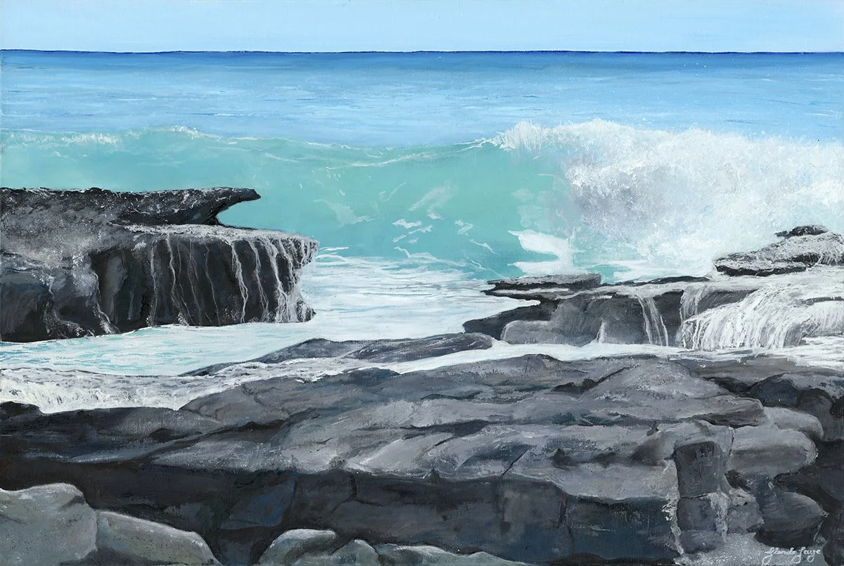 A painting of the ocean featuring waves crashing against rocky shores with a bright blue sky in the background.
