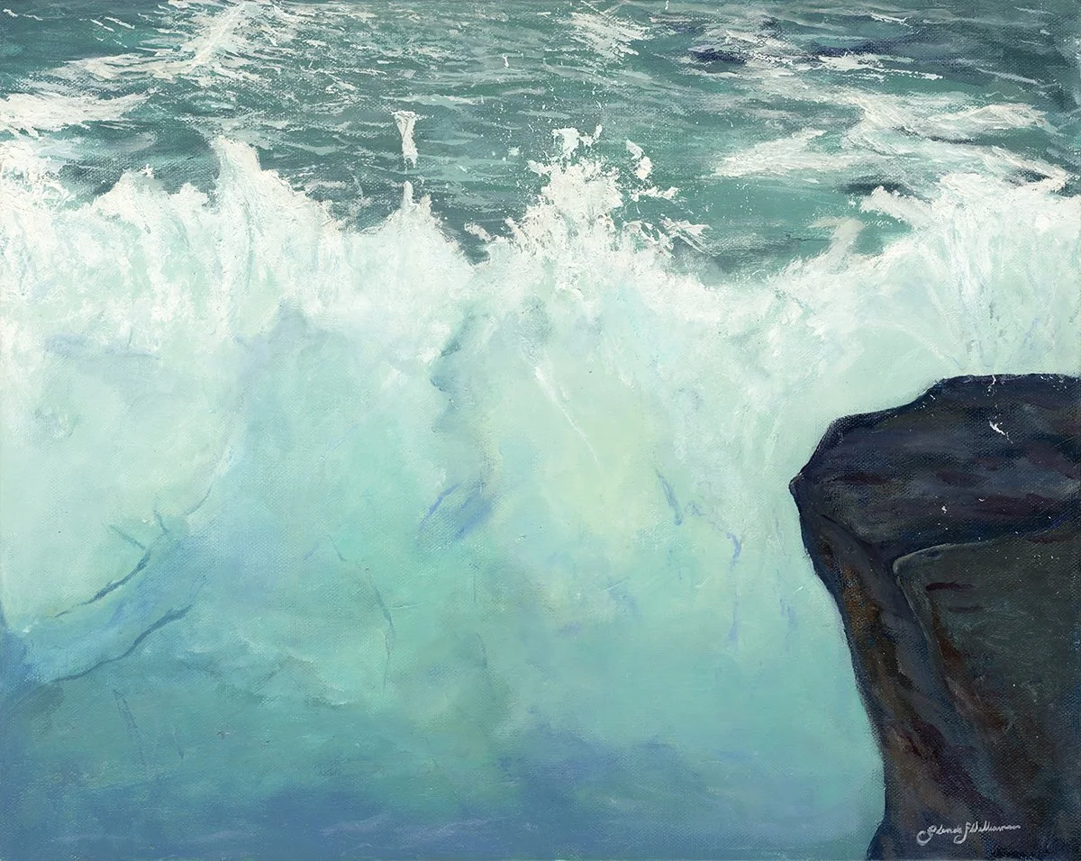 Painting of ocean waves crashing against rocks with turquoise and blue water.