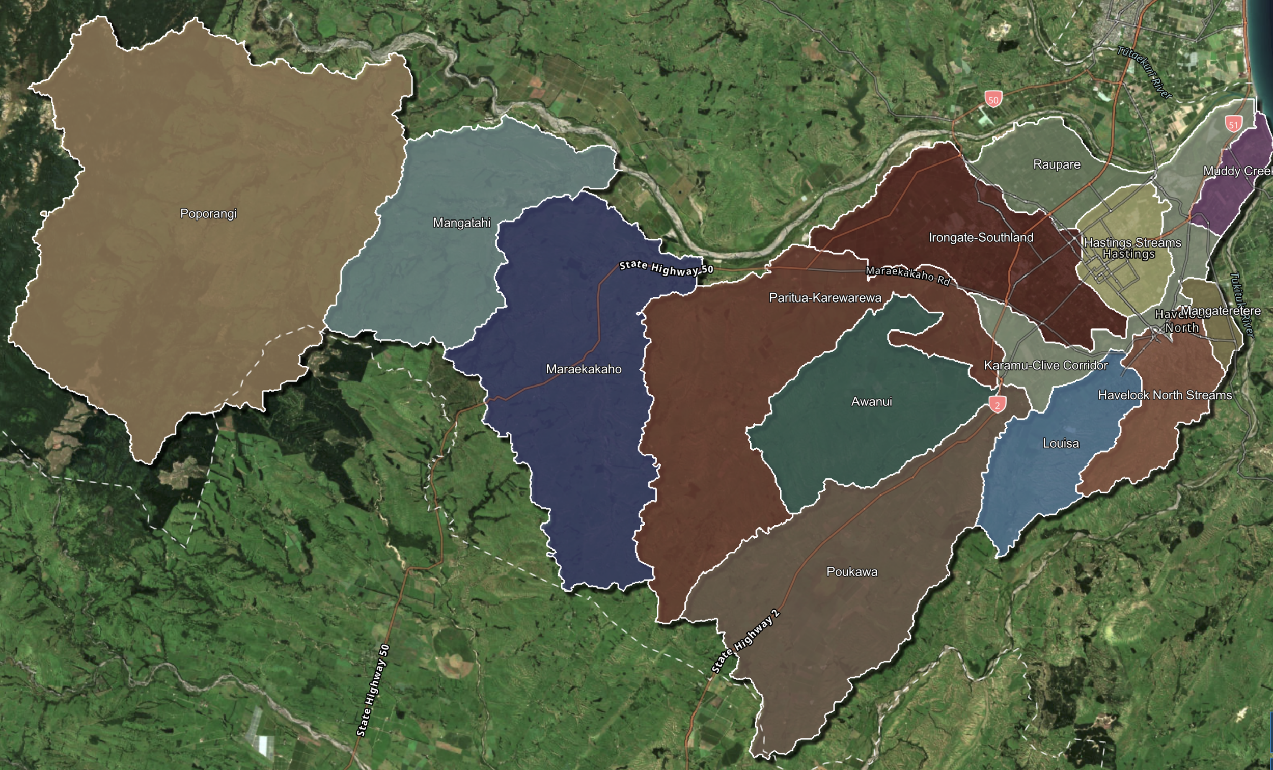Color-coded map showing different regions with labels such as Poporangi, Mangatahi, Hastings, and Havelock North, with major roads like State Highway 50 and 2, and bodies of water including the Tutiraekurir River.