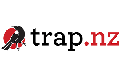 Trap.nz logo with a stylized bird inside a red circle and the text 'trap.nz'