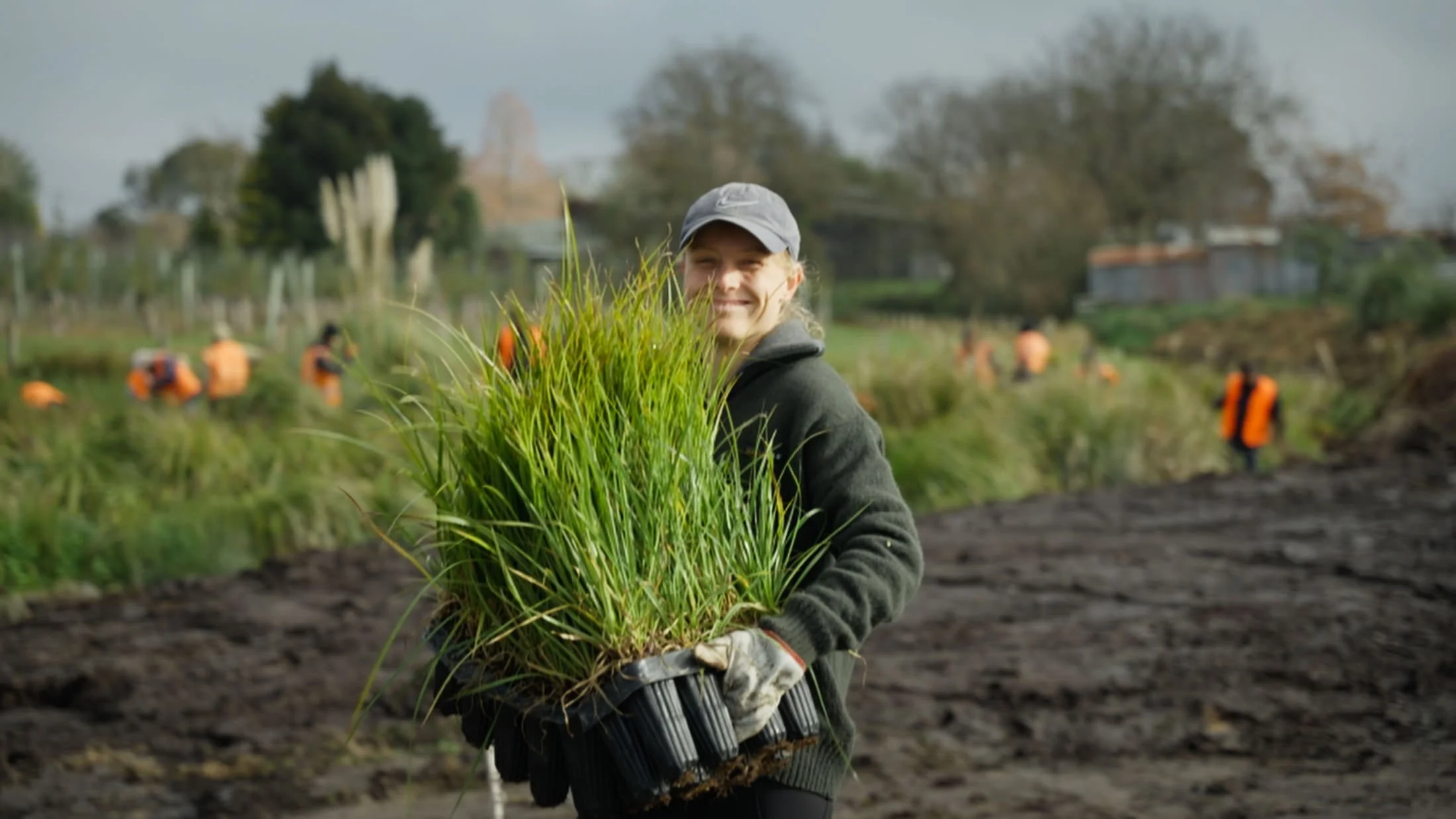 Woman holding a tray filled with green grass in a garden with other people working in the background.