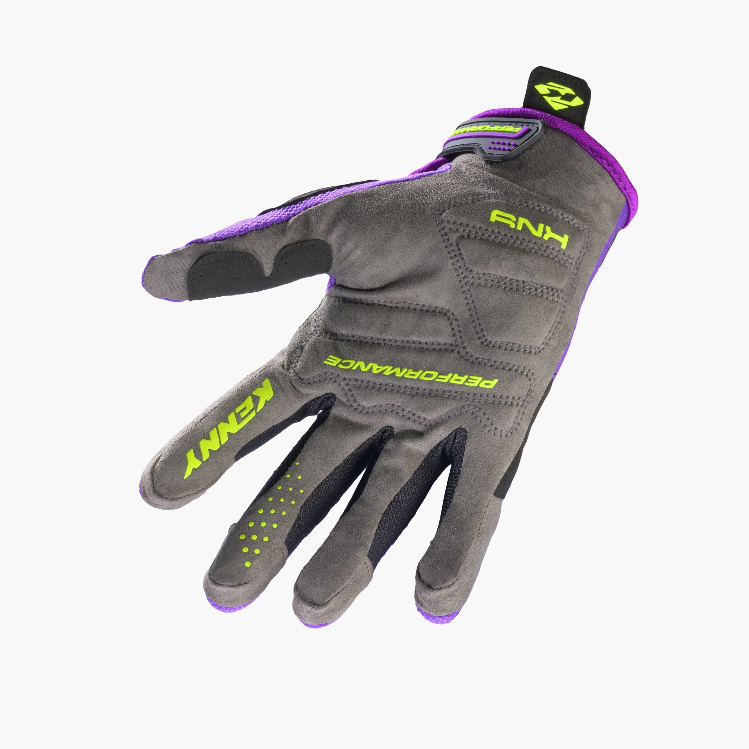 Gants de vélo colorés en violet, noir et vert avec des détails graphiques et des fermetures en velcro.