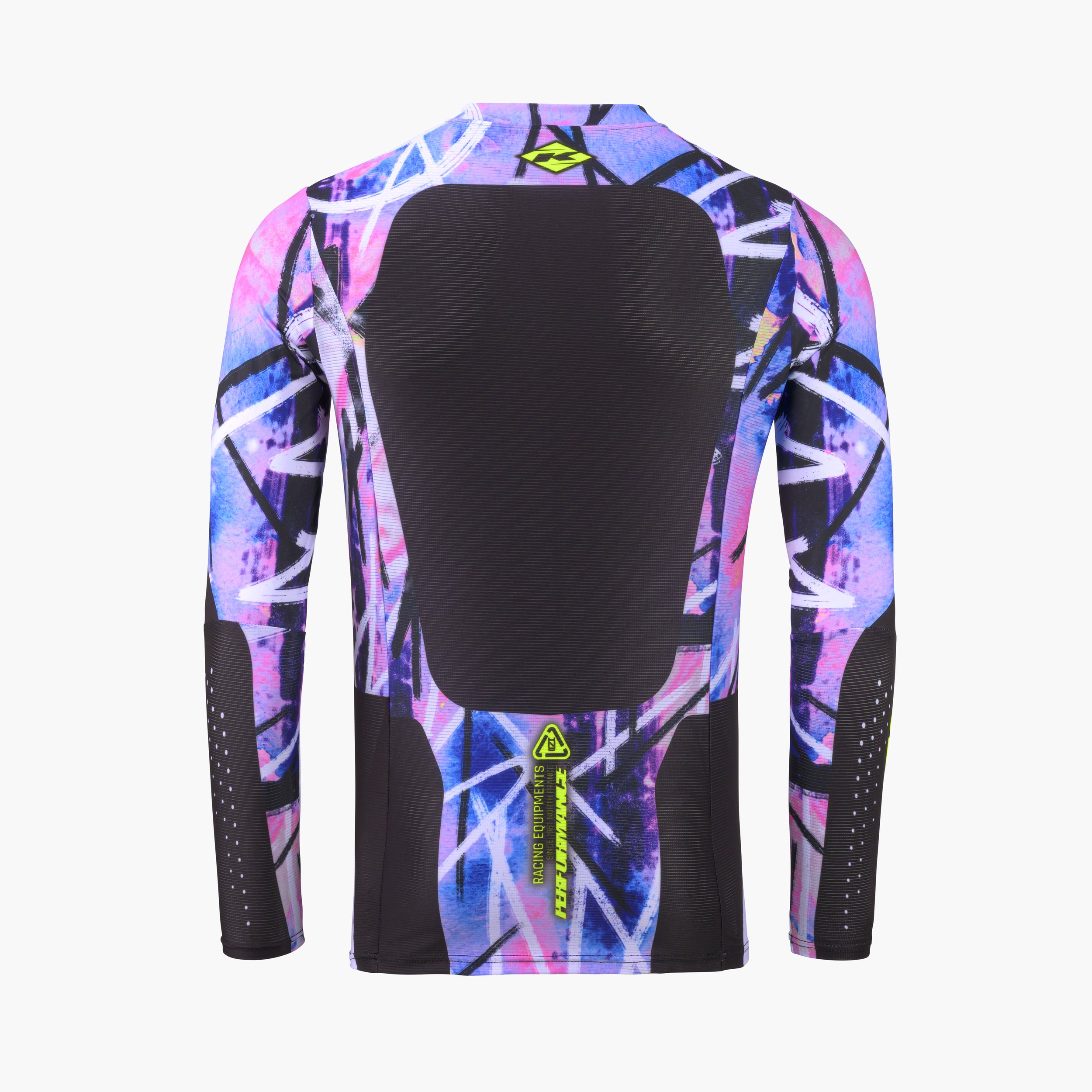 Maillot de motocross avec motif coloré, blanc, noir, violet et jaune fluo, avec le logo de la marque R3 et le texte indiquant équipement pour la course en VTT.