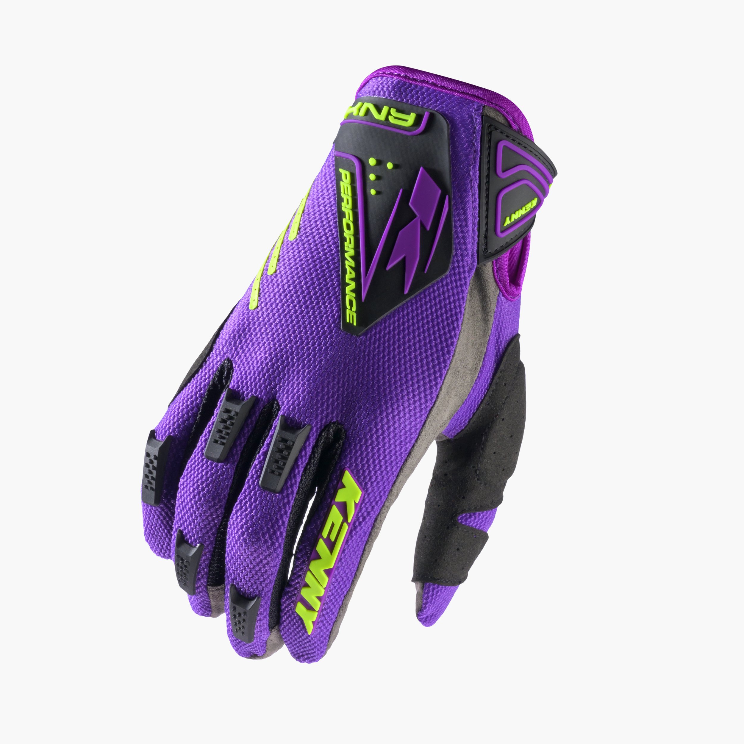 Gants de vélo colorés en violet, noir et vert avec des détails graphiques et des fermetures en velcro.