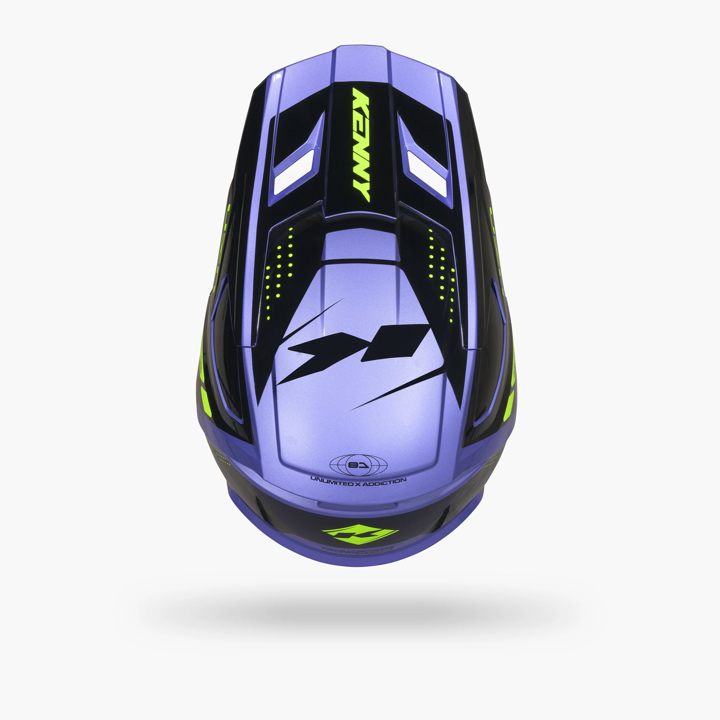 Casque de sport avec design noir, violet, vert et blanc, portant le mot 'AWAKE' en vert fluorescent, vue du dessus.