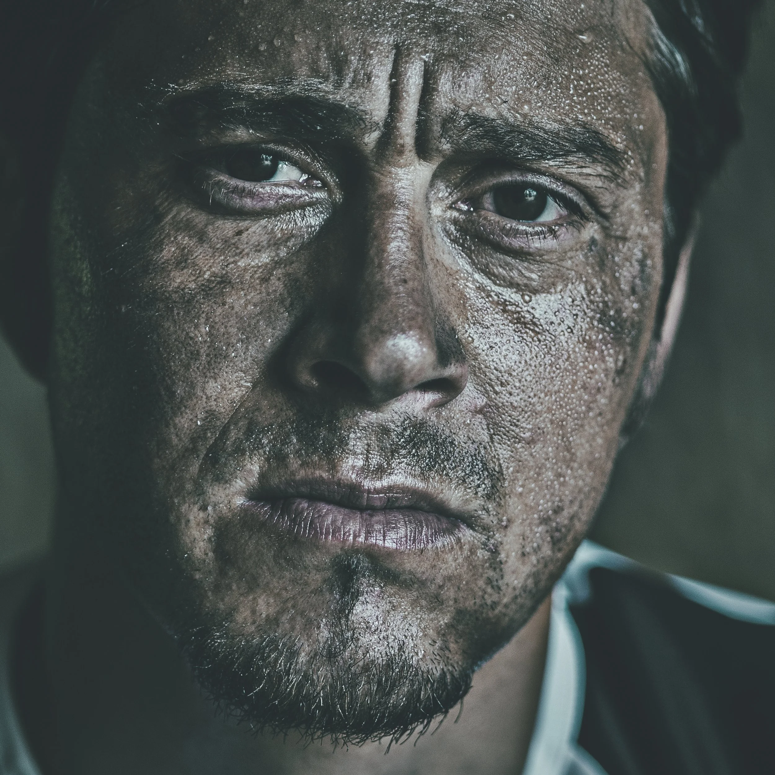 Prenez une photo de gros plan d'une personne avec de la transpiration sur le visage, surtout autour des sourcils, du nez et du haut des joues, avec des yeux clairs et un regard concentré.