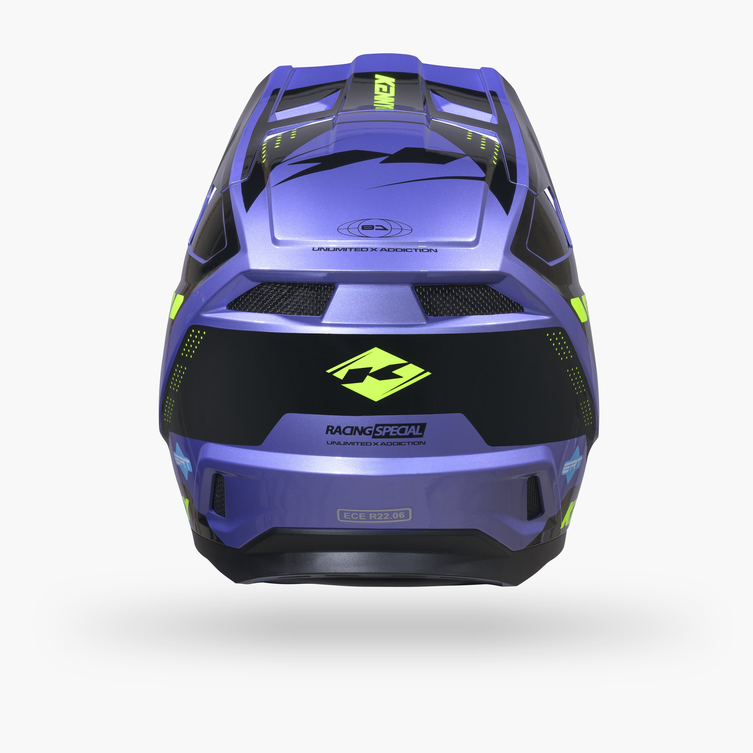 Casque de motocross violet avec détails verts, affichant des logos tels que 'Racing Special' et 'Unlimited X Addiction' sur un fond blanc.
