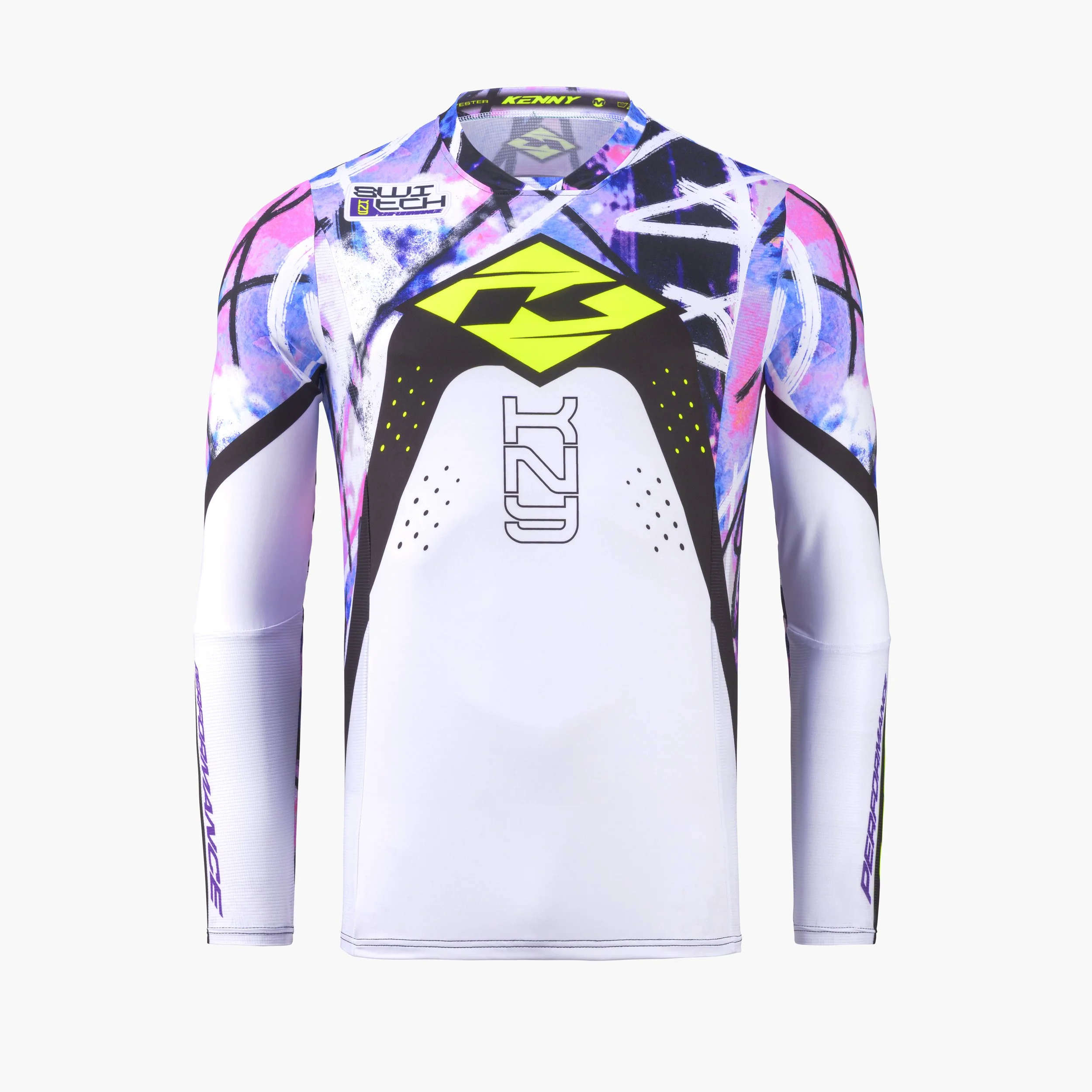 Maillot de sport à manches longues avec un design coloré mélange de violet, blanc, noir et accents roses et bleus, portant plusieurs logos dont un logo jaune vif au centre, un patchICU Sur le haut à gauche et d'autres branding sur le col et le devant