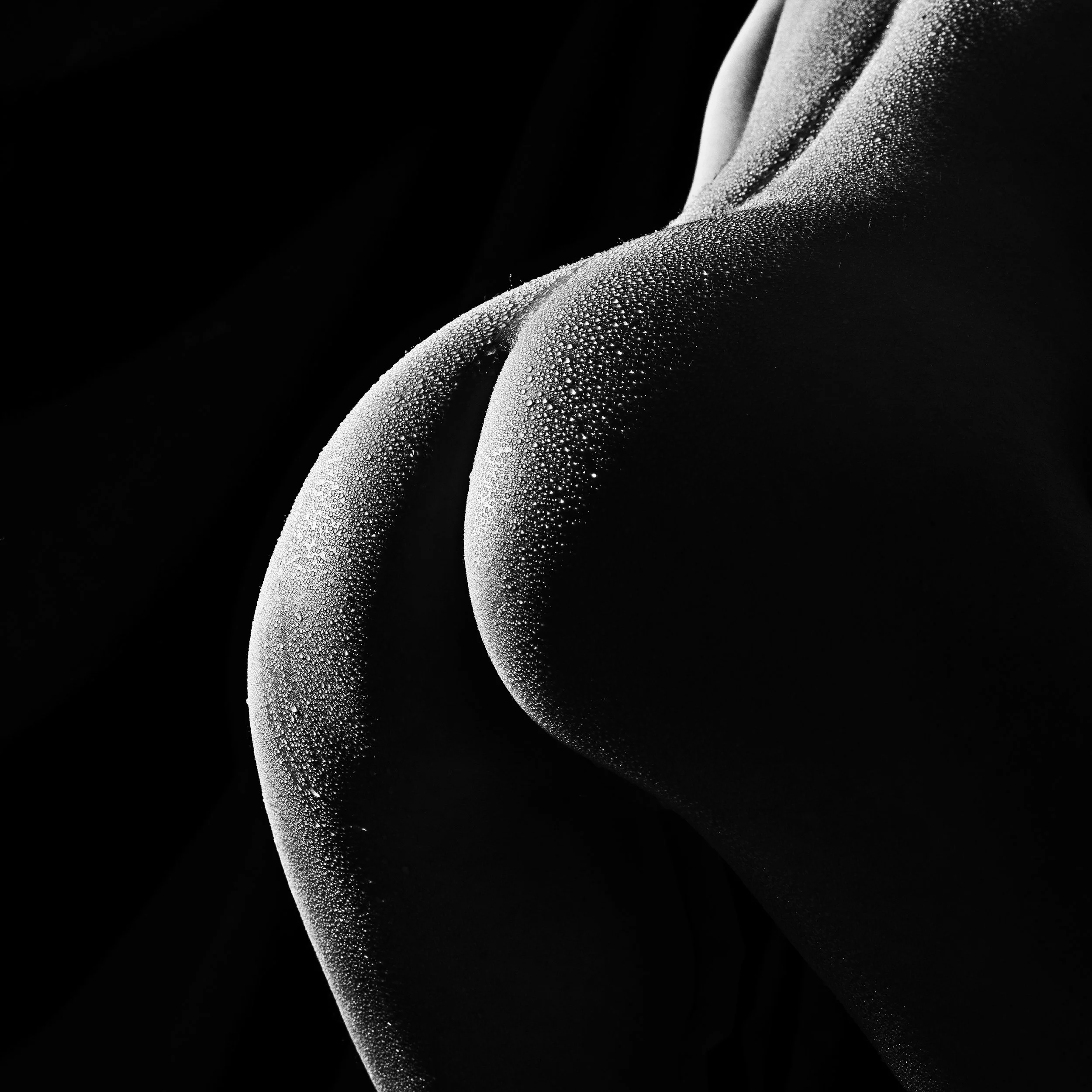 Une image en noir et blanc d'une surface courbée recouverte de gouttelettes de condensation ou de mousse, avec un contraste marqué entre le noir et le blanc sur le relief de la surface.