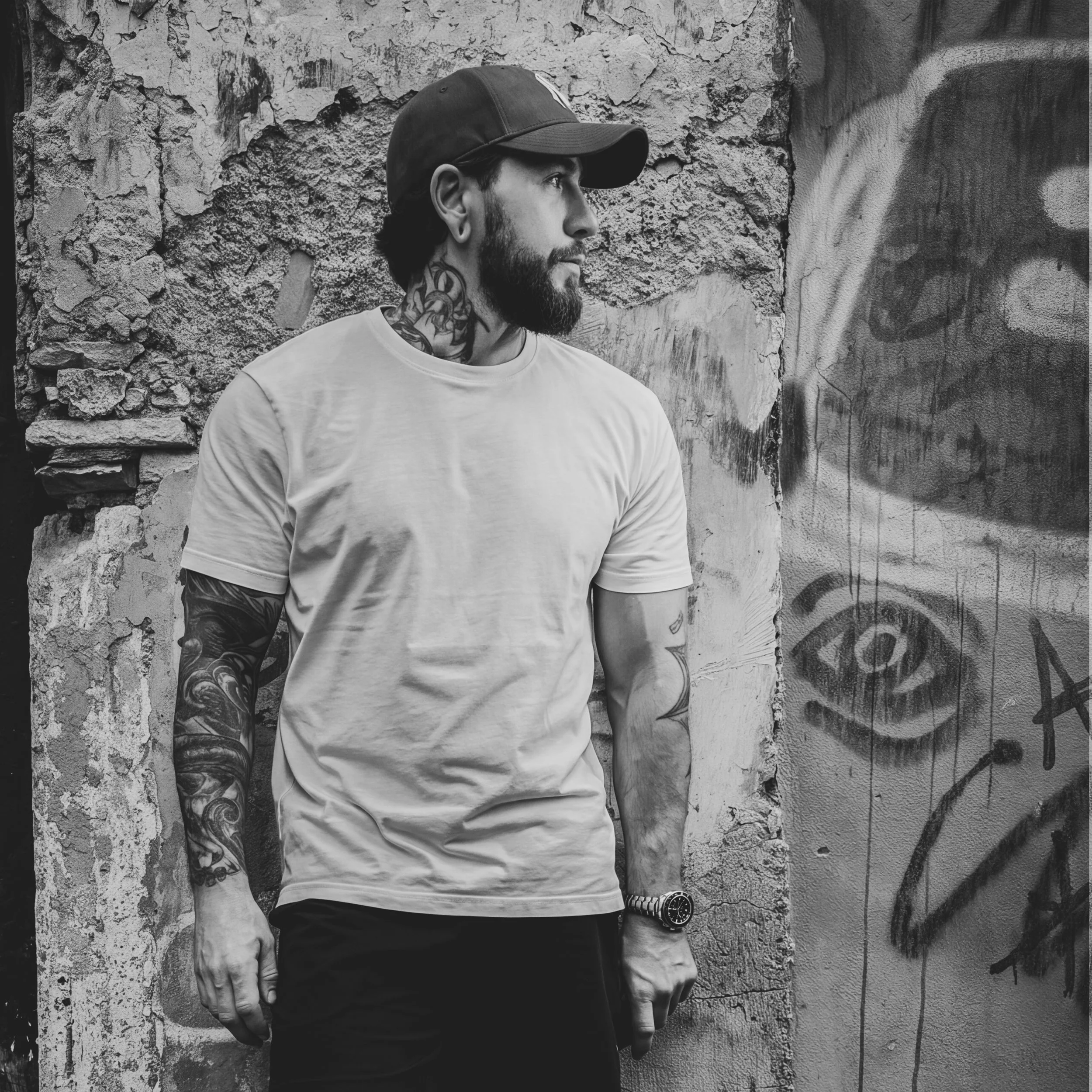 Jeune homme avec barbe, casquette et tatouages, debout devant un mur en pierre et en béton, regardant à gauche.