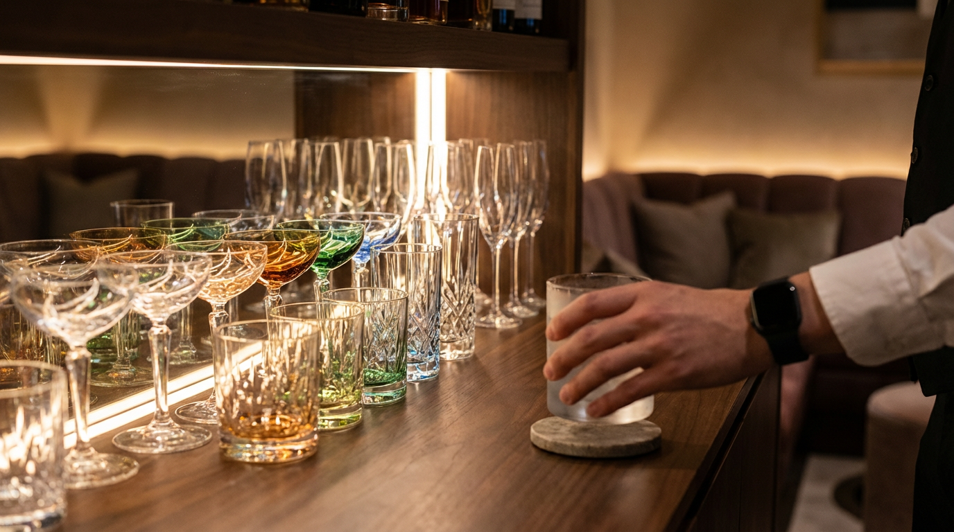 A person in formal attire holding a glass on a bar counter with an assortment of colorful empty glassware including wine glasses and tumblers, with a cozy seating area in the background.