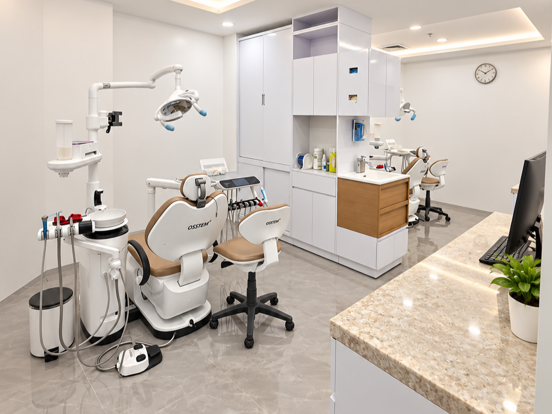 Modern dental clinic with dental chairs, equipment, and workstations in a clean, well-lit room.