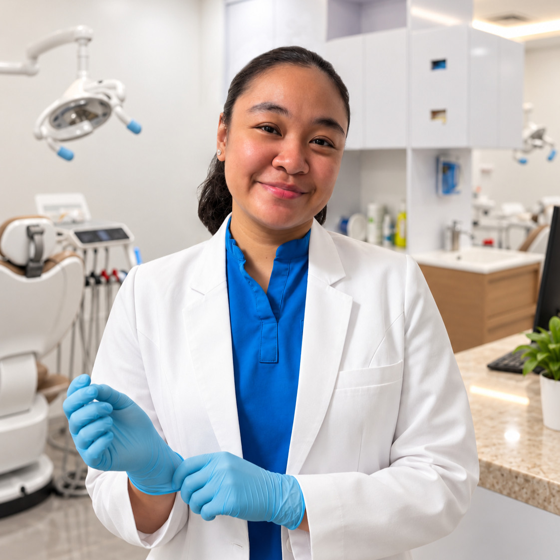 A smiling female doctor or dentist in a white coat and blue scrubs putting on blue gloves in a medical or dental clinic.