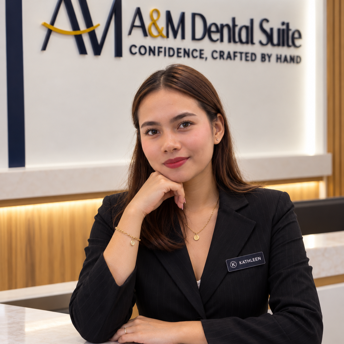 Young woman with brown hair, wearing a black blazer and gold jewelry, sitting at a reception desk in a dental office, smiling at the camera.