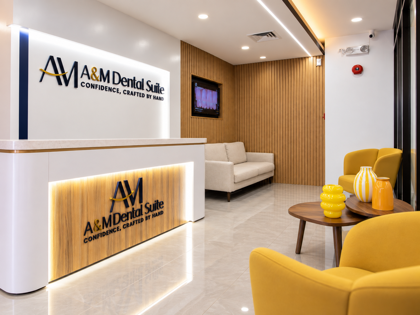 Modern dental office reception area with a white and wood front desk, beige sofa, yellow armchairs, and decorative yellow vases on a round wooden table, with a wooden accent wall and a wall-mounted television showing teeth.