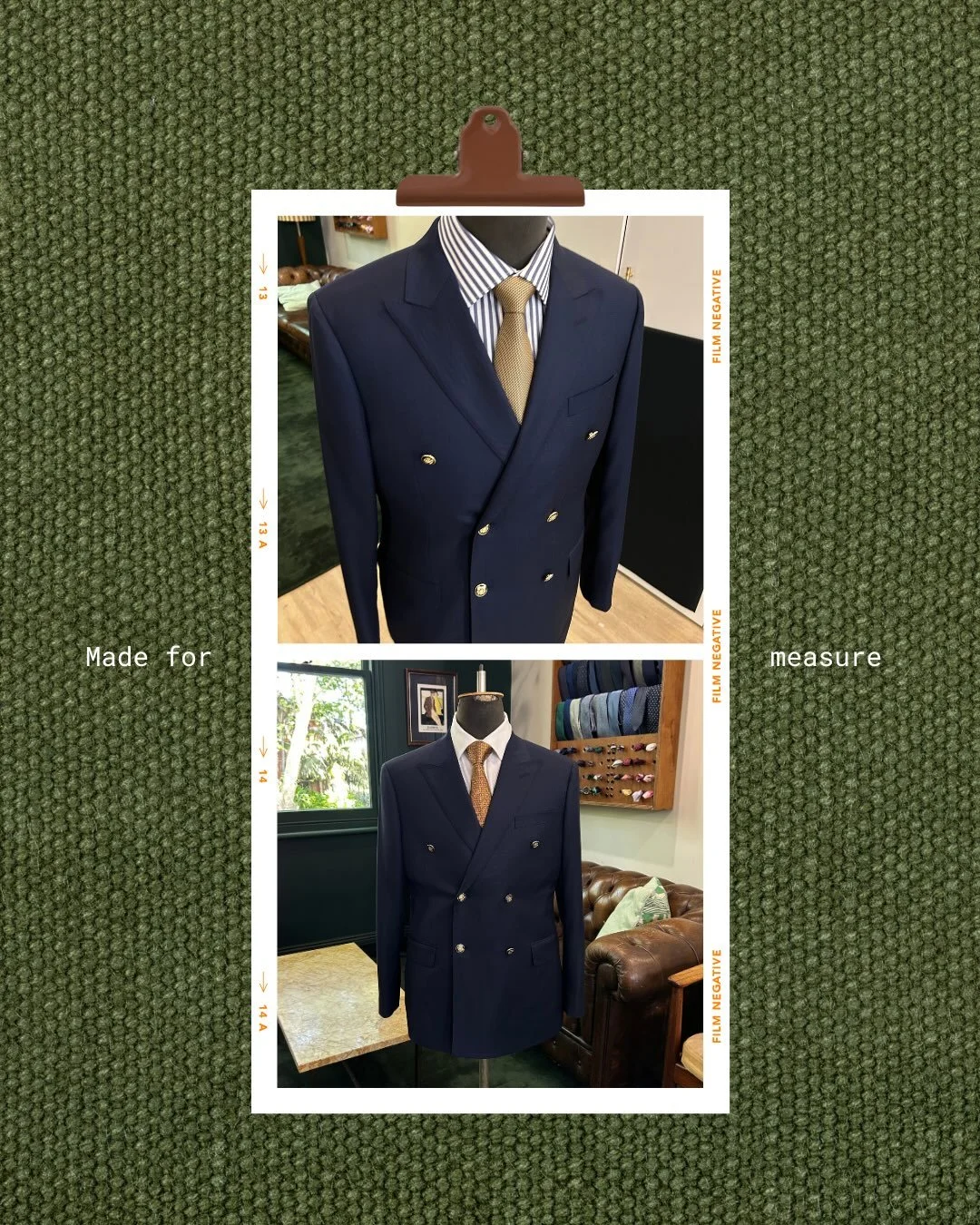 A statement in navy.

Double-breasted with sharp peak lapels and gold buttons. A made-to-measure piece that speaks for itself.