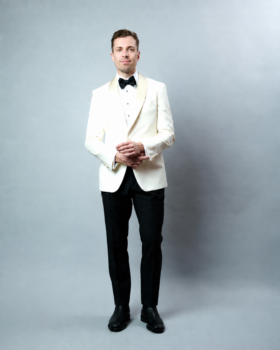 White Shawl Lapel Dinner Suit with Stud Button Shirt Hire