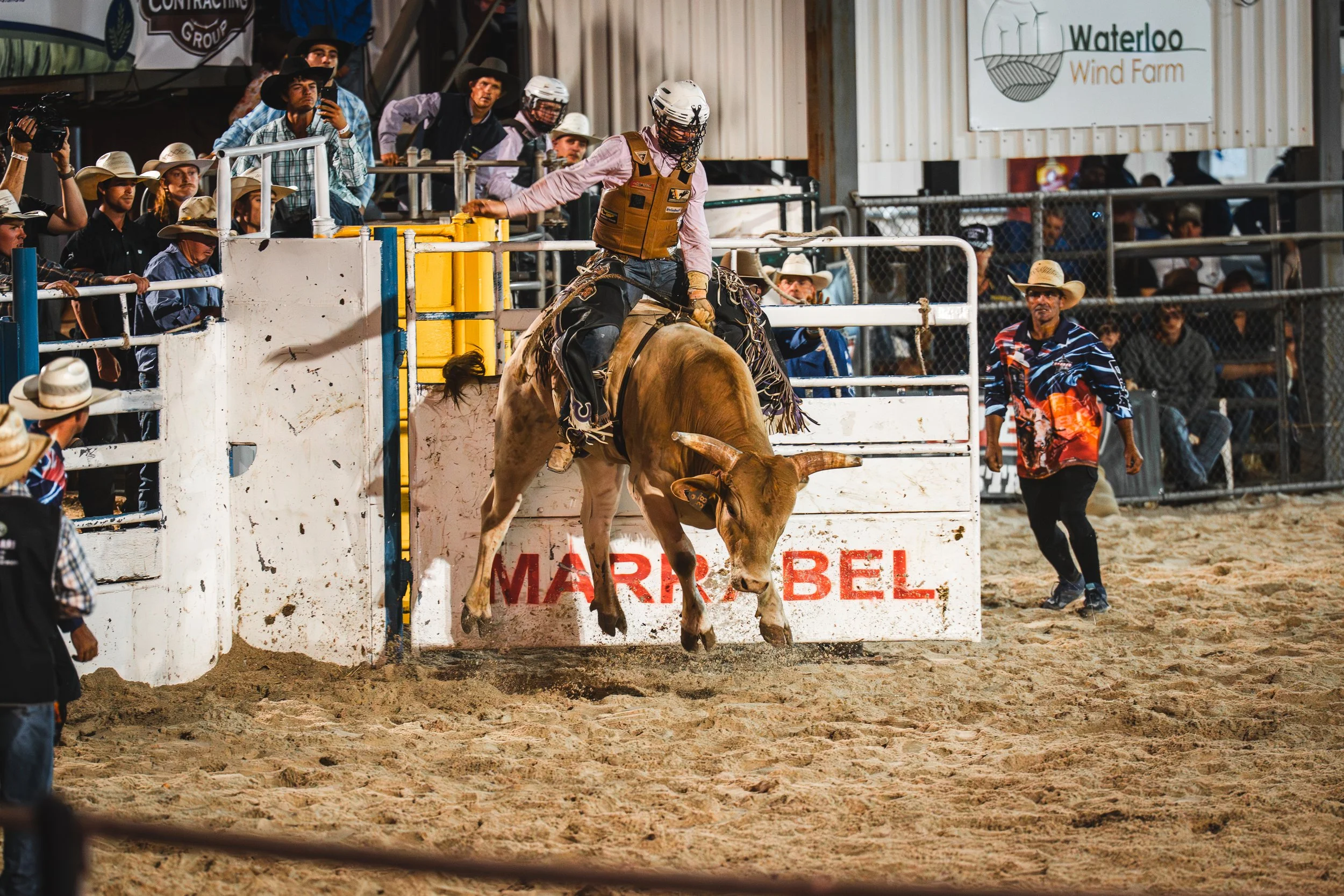 Rodeo rider on a bucking bull jumping over a white barrier with the words 'MARR BEL', surrounded by audience members wearing cowboy hats and western attire at Waterloo Wind Farm.