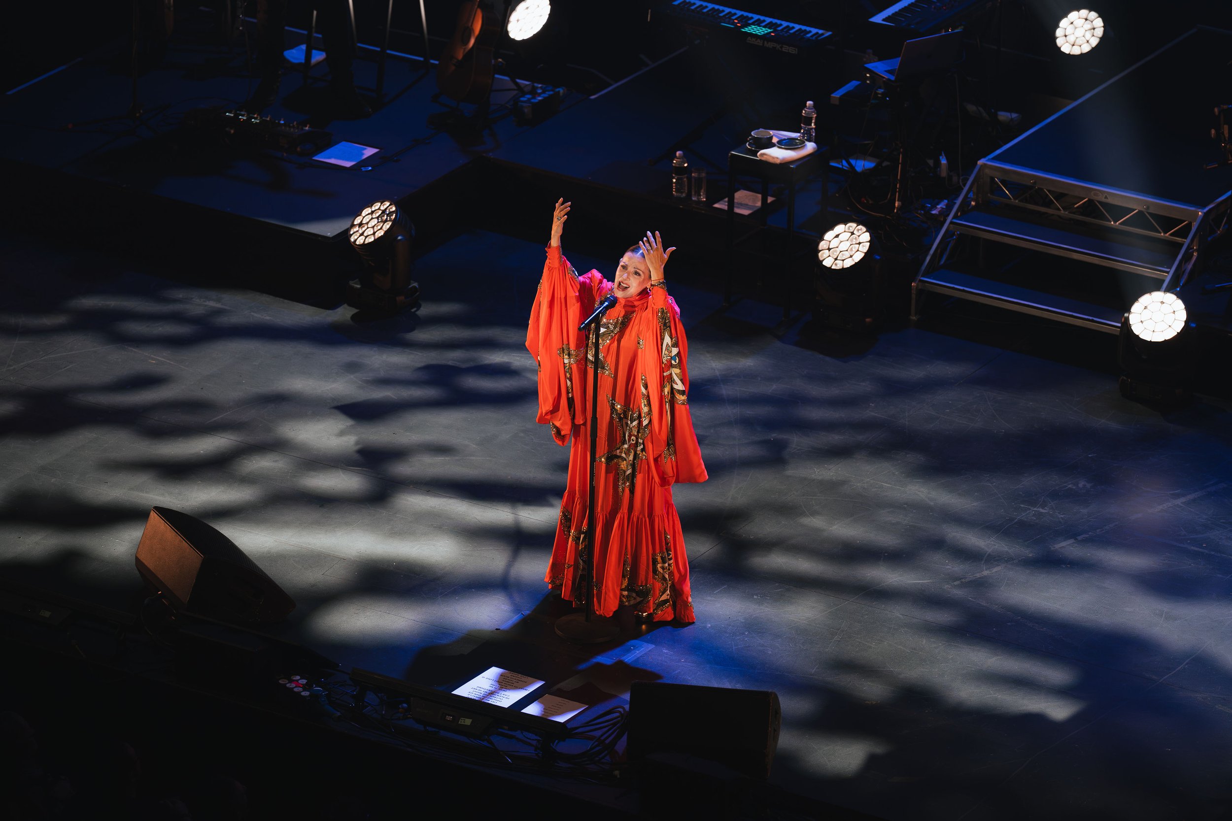 A woman in a long red and gold dress performing on stage with a microphone, stage lights shining down, and musical instruments and equipment in the background.