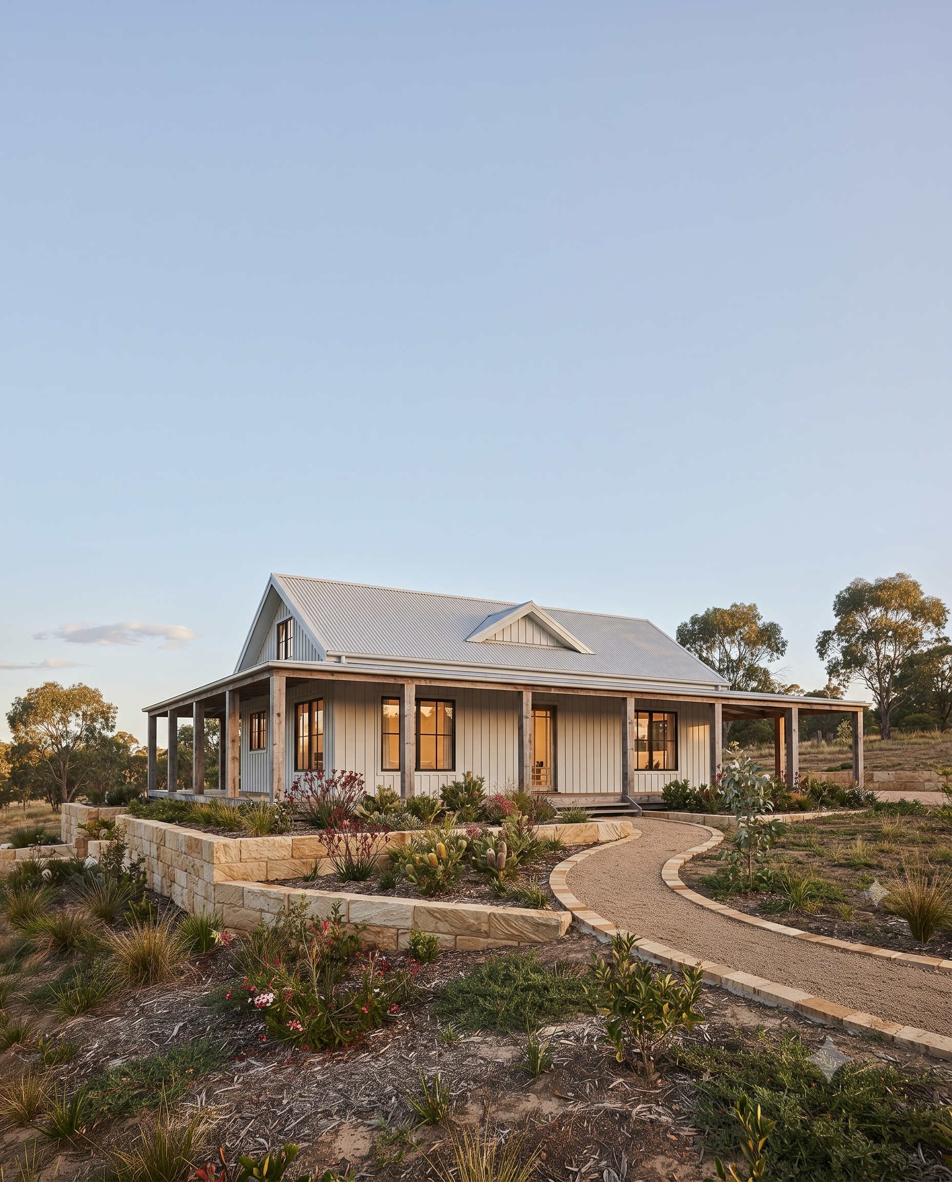 Modern house with white exterior, multiple windows, covered front porch, surrounded by landscaped garden with various plants, flowers, and a curved stone pathway, with trees in the background under a clear sky.