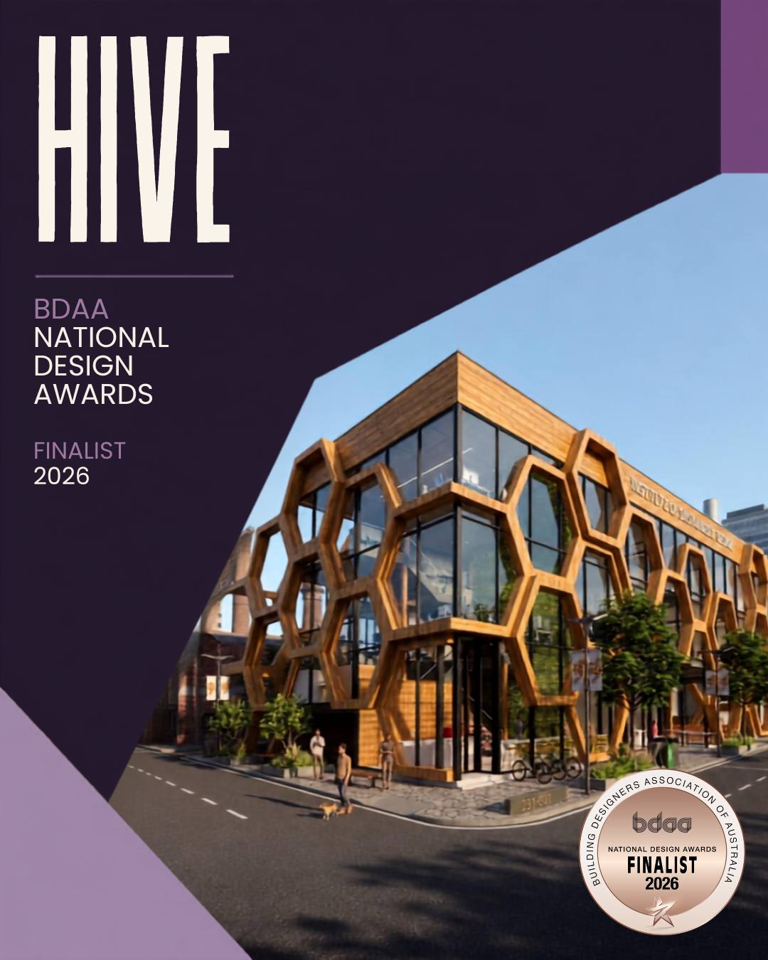 Modern building with a honeycomb pattern wooden frame and large glass windows, set on a city street with trees, people, and bicycles.