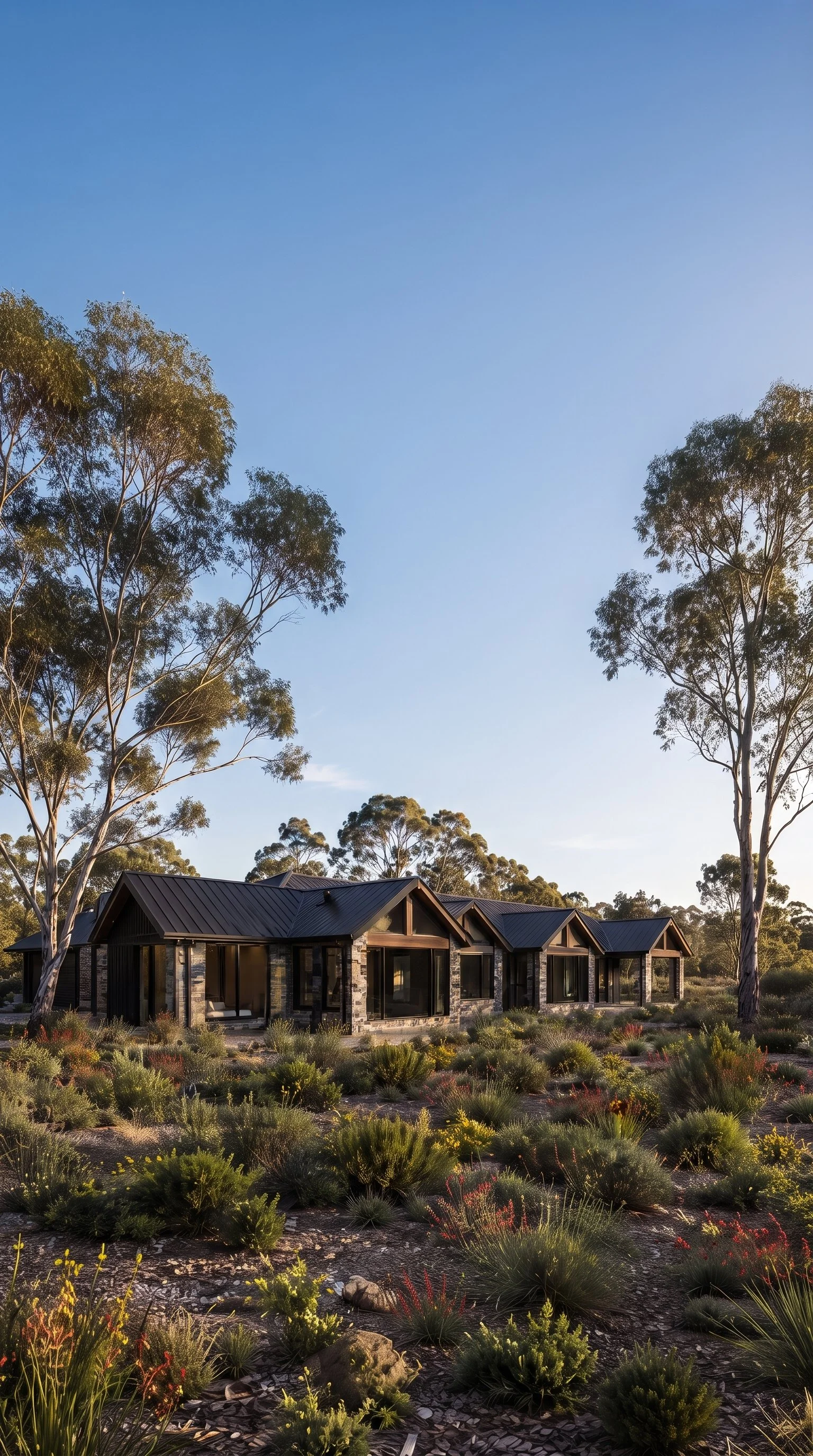 Residential houses with modern architecture, large windows, surrounded by desert landscaping and tall trees, under a clear blue sky.