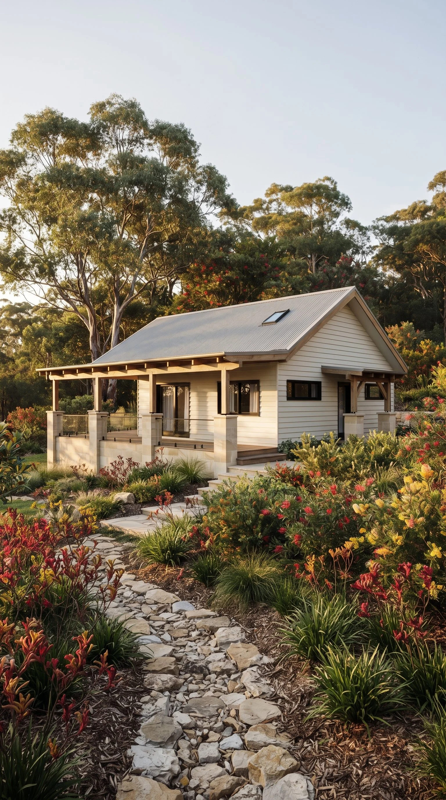A modern white house with a metal roof and large windows, surrounded by colorful plants and flowers, with a stone pathway leading up to the entrance, set against a backdrop of tall green trees and a clear sky.