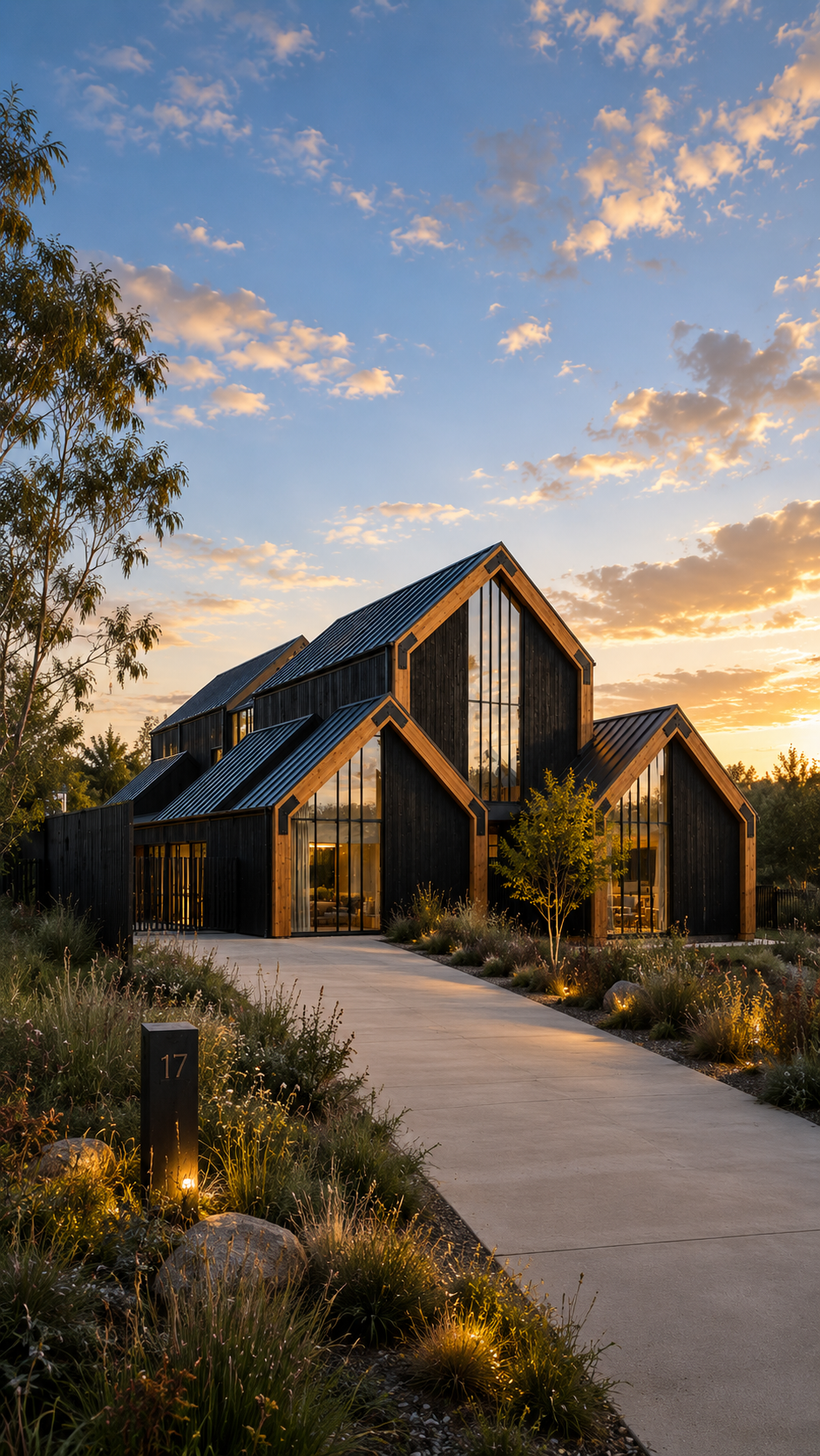Modern black house with wooden framing and large glass windows, set against a sunset sky, surrounded by landscaped yard with plants and pathway.