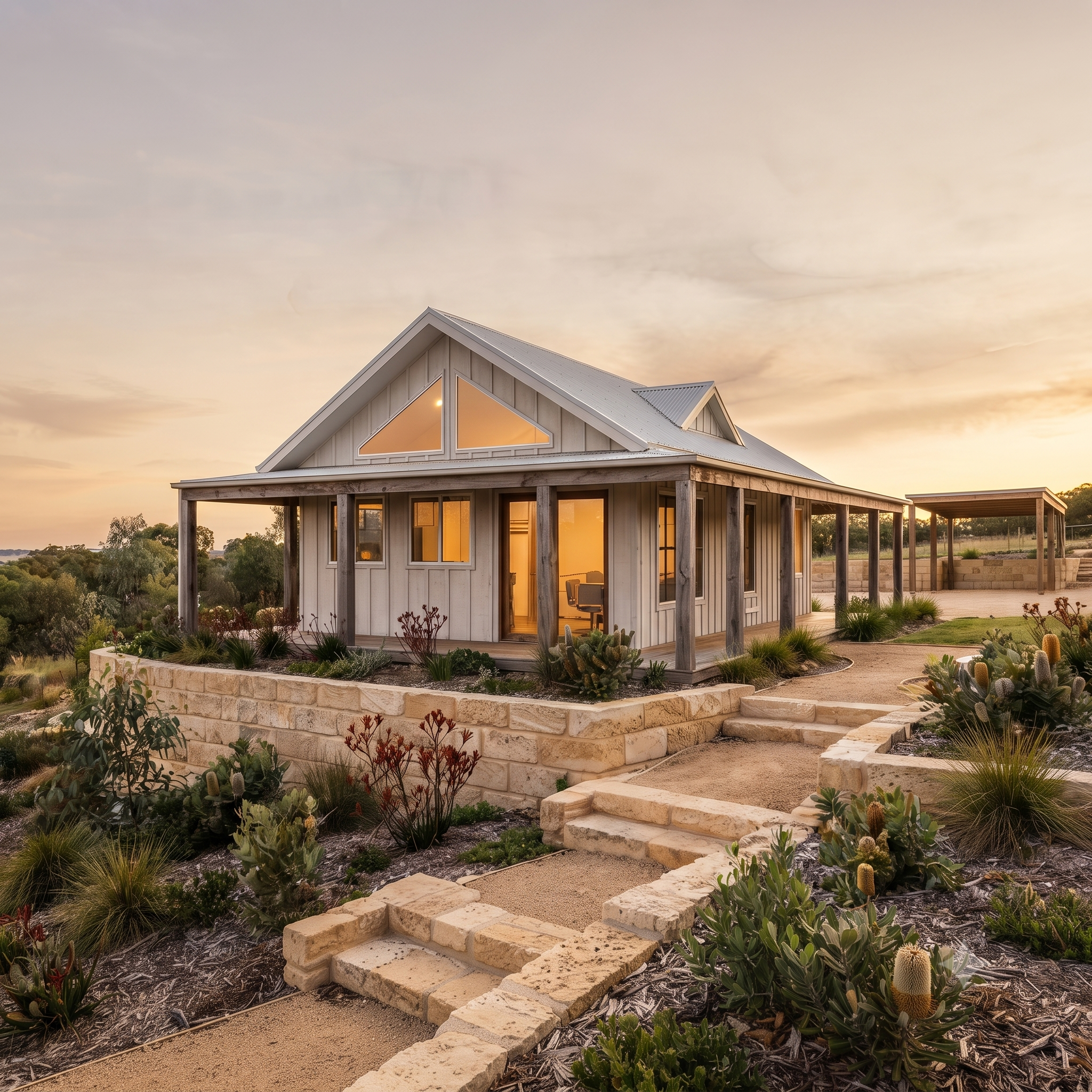A modern house with large windows and a metal roof at sunset, surrounded by desert plants and a landscaped yard.