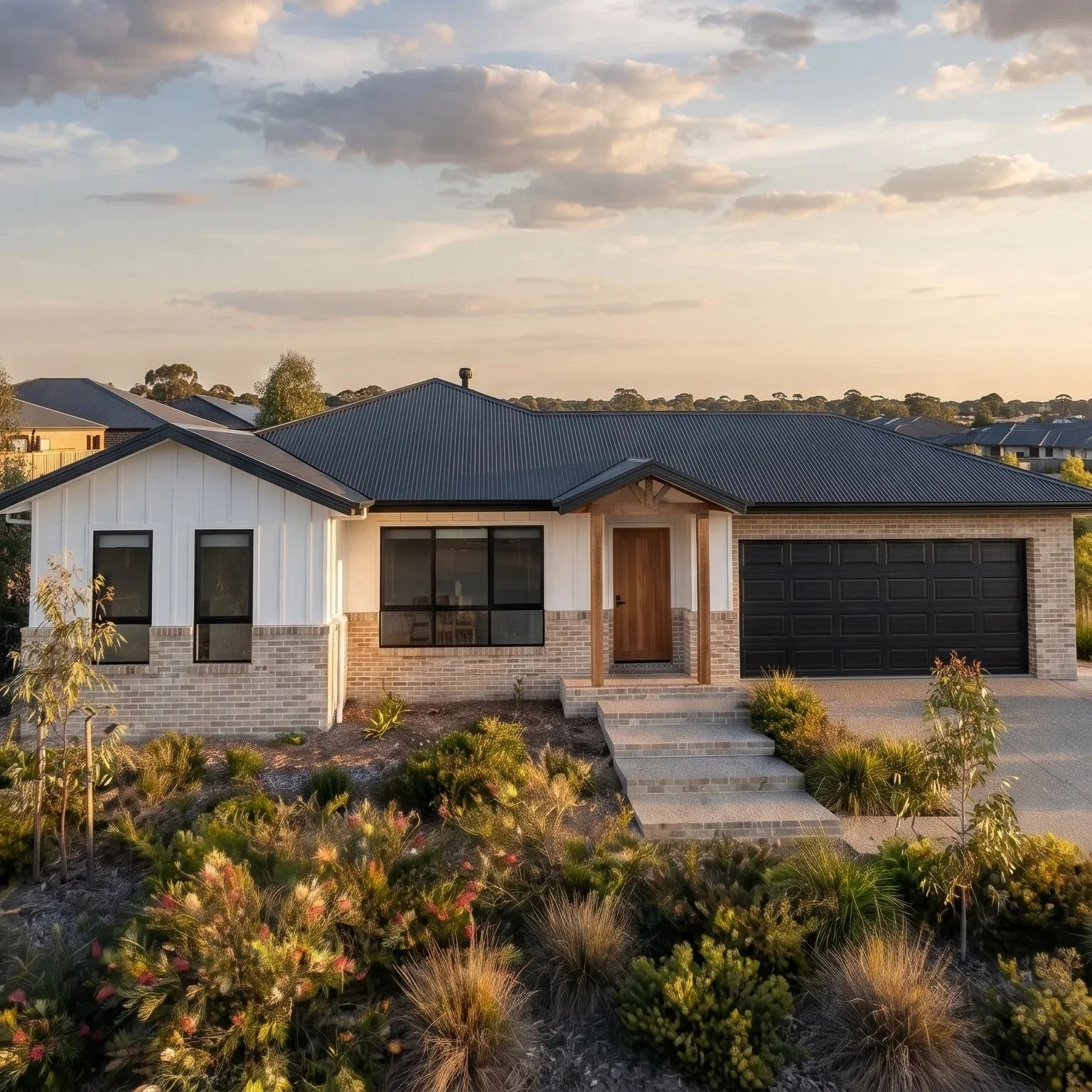 Modern house with a black metal roof, a white and brick exterior, large window, wooden front door, and a driveway, surrounded by desert plants.