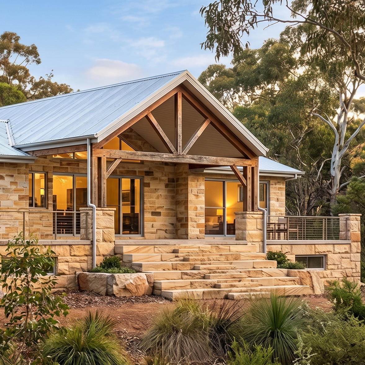 A modern stone house with large windows, wooden beams, and a metal roof, surrounded by trees and landscaping at sunset.