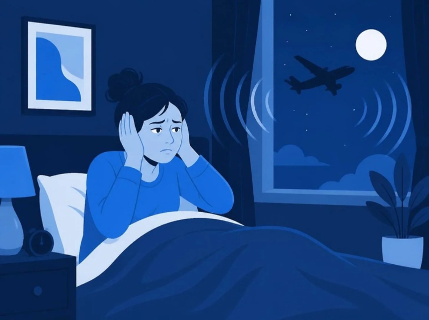 Illustratie: een bewoonster die 's nachts wakker ligt door het lawaai van een vliegtuig