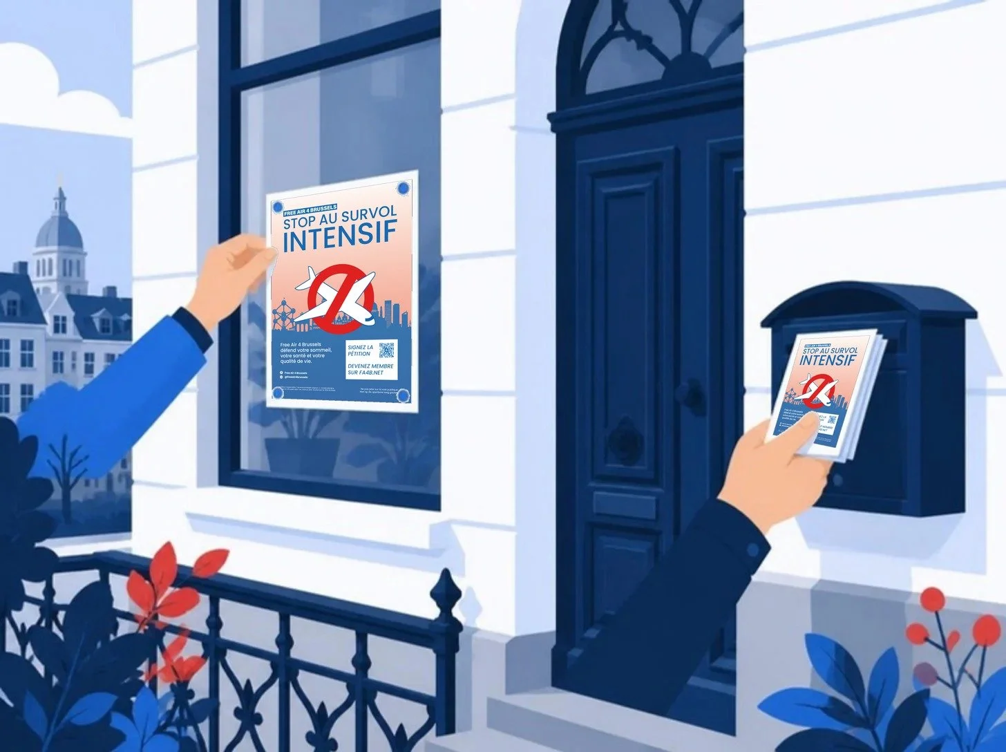 Illustration : une affiche « Stop au survol intensif » posée à une fenêtre et un tract glissé dans une boîte aux lettres