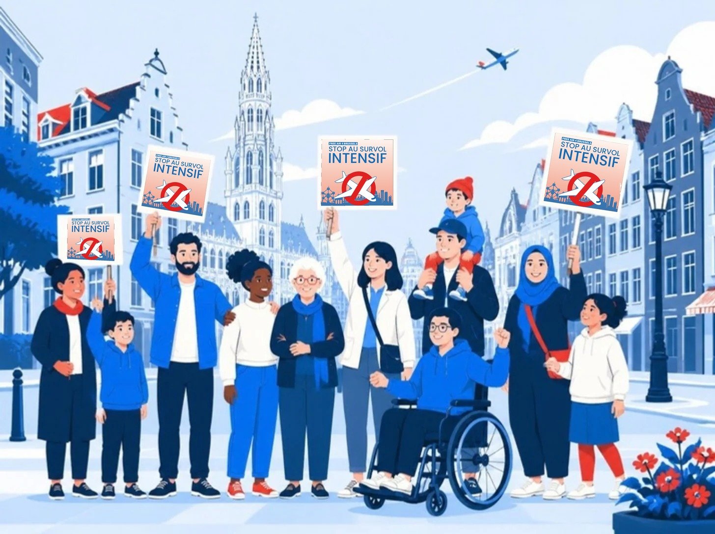 Illustration : des riverains de tous âges réunis à Bruxelles avec des pancartes « Stop au survol intensif »