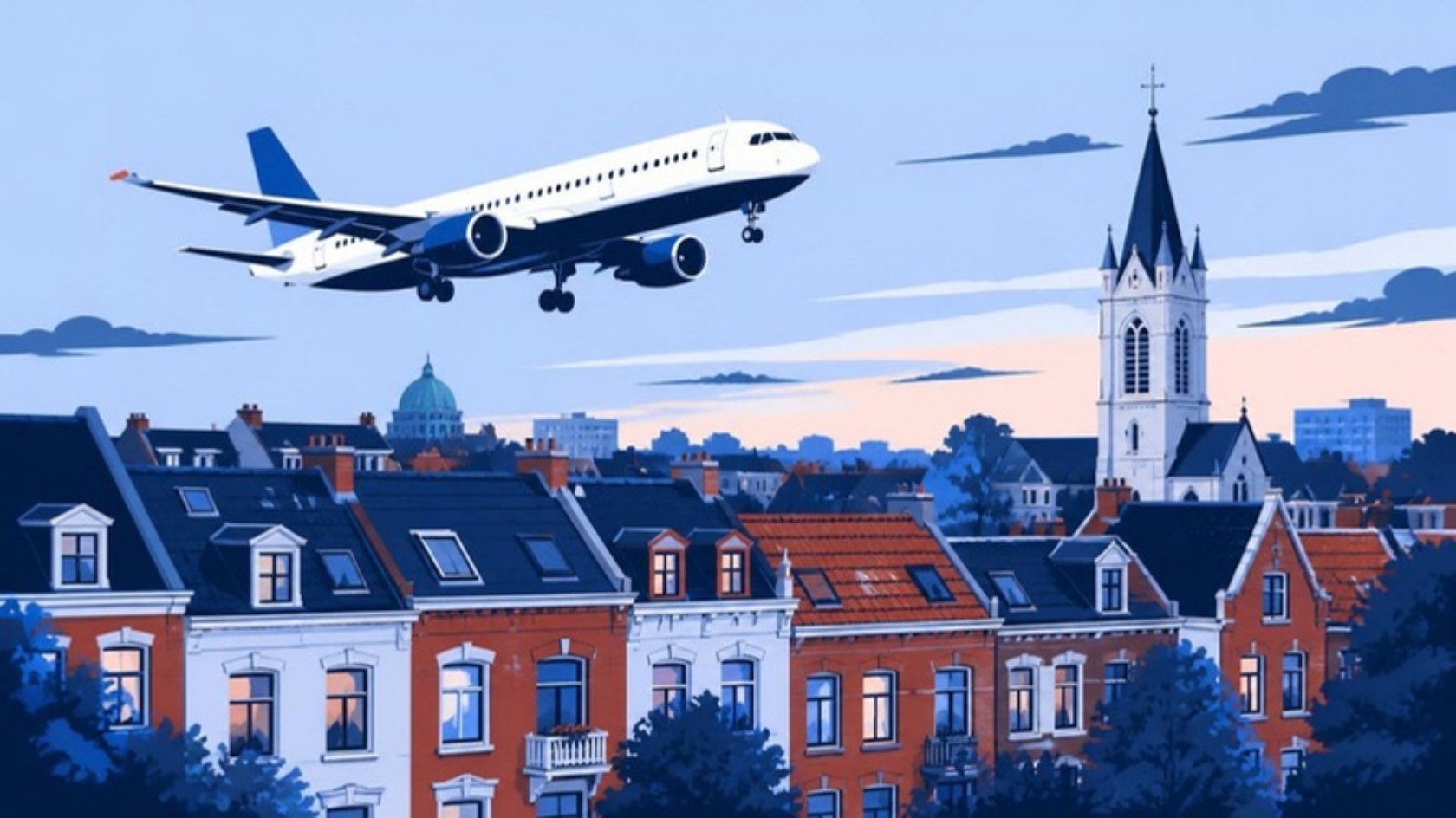 Illustration : un avion de ligne survolant à basse altitude un quartier résidentiel de Bruxelles