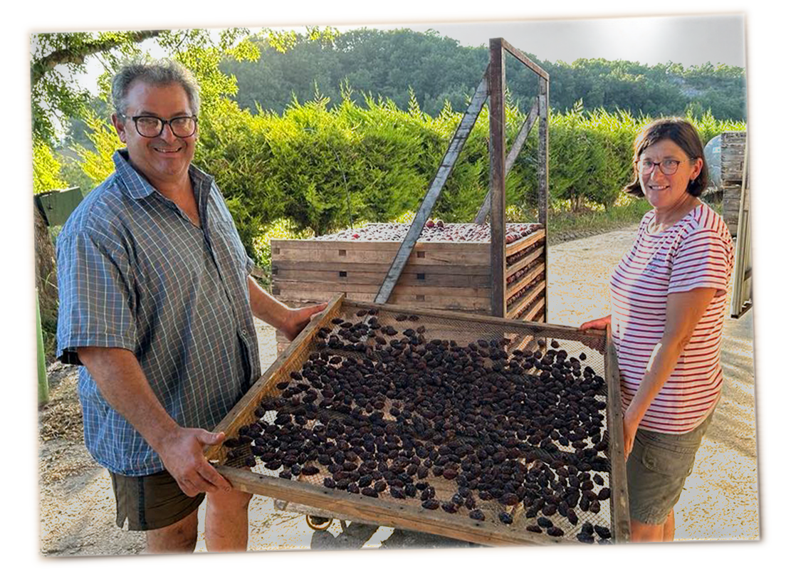 A man and a woman holding a wooden tray with black berries outdoors during daytime.