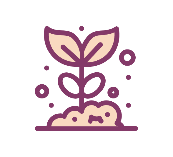 Outline drawing of a sprouting plant with leaves, growing from soil, surrounded by small circles.