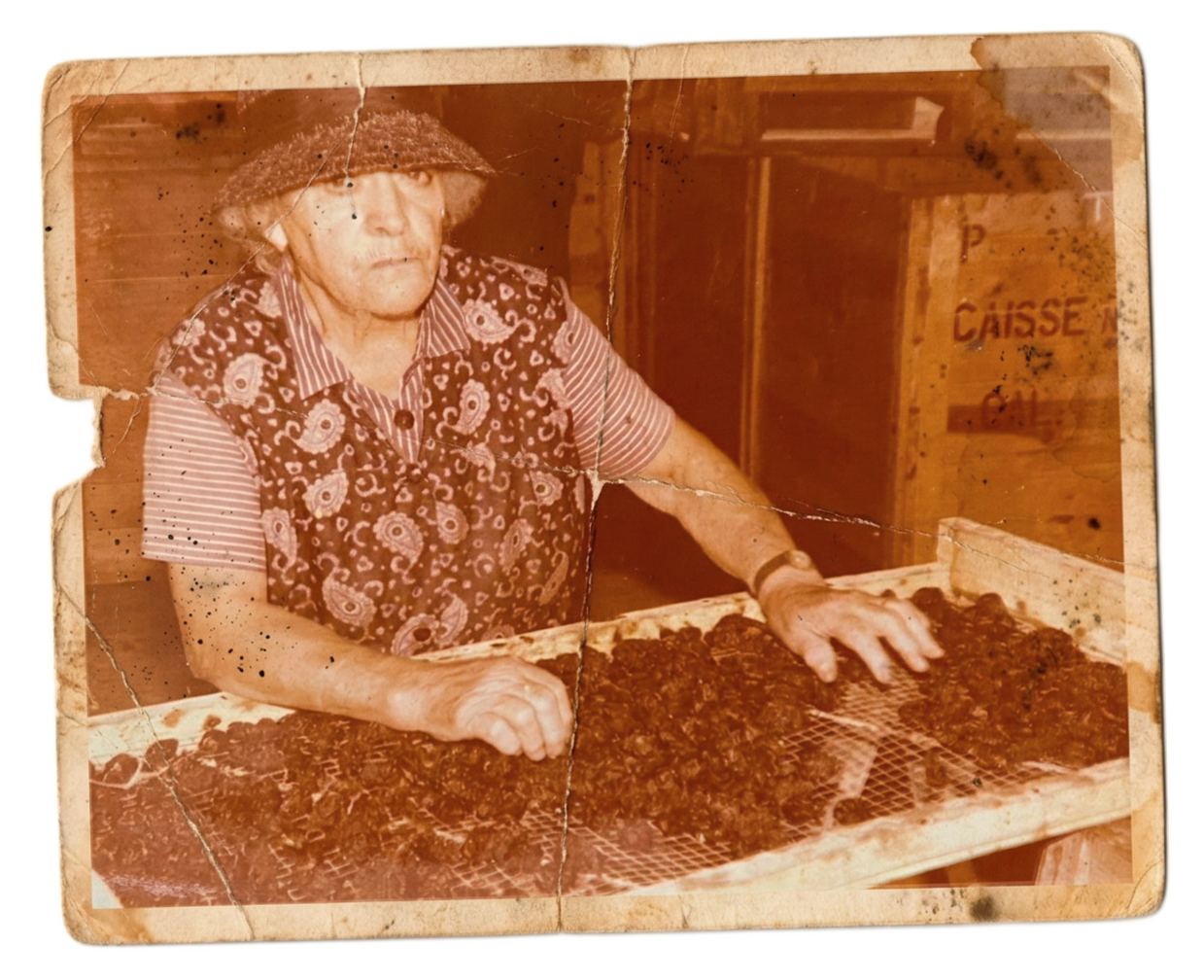 An elderly woman wearing a patterned vest and a hat, working with a tray of what appears to be dried or preserved food, in a rustic wooden setting.