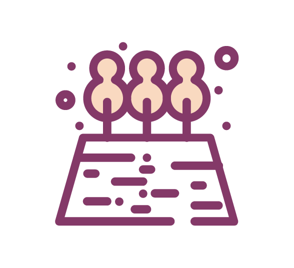 Illustration of three people icons connected to a blockchain network with a digital grid below.