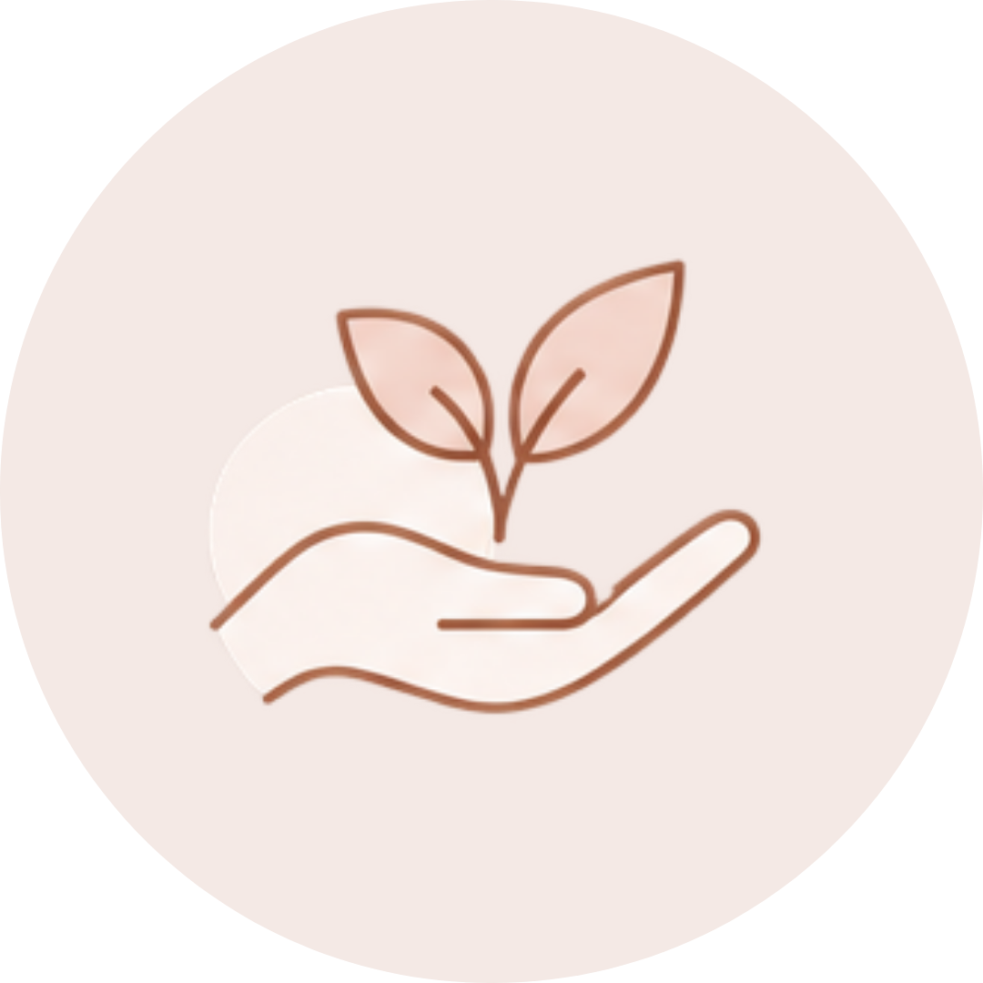 Minimalist illustration of a hand holding a small plant with two leaves