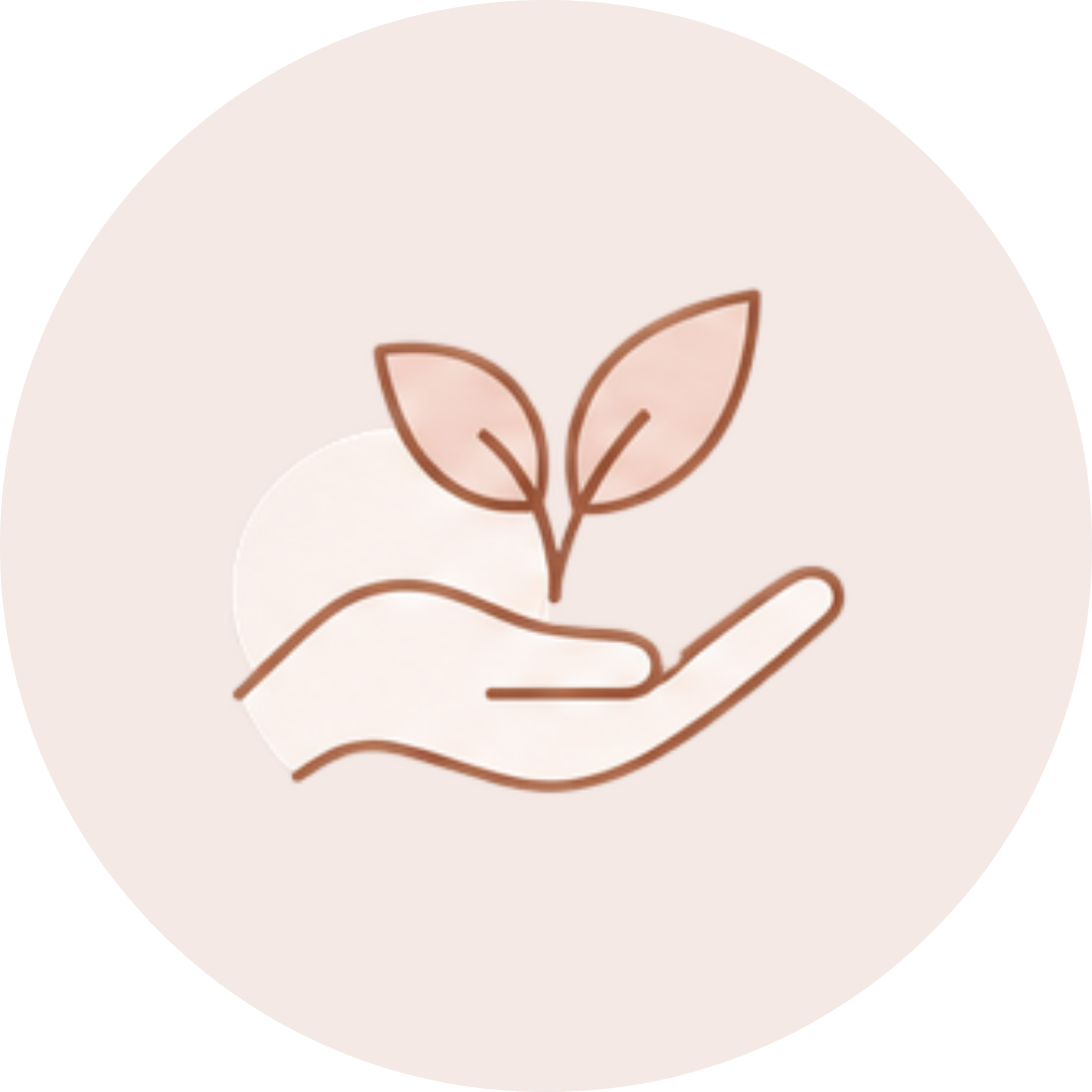 A minimalist line drawing of a hand holding a small plant with two leaves.