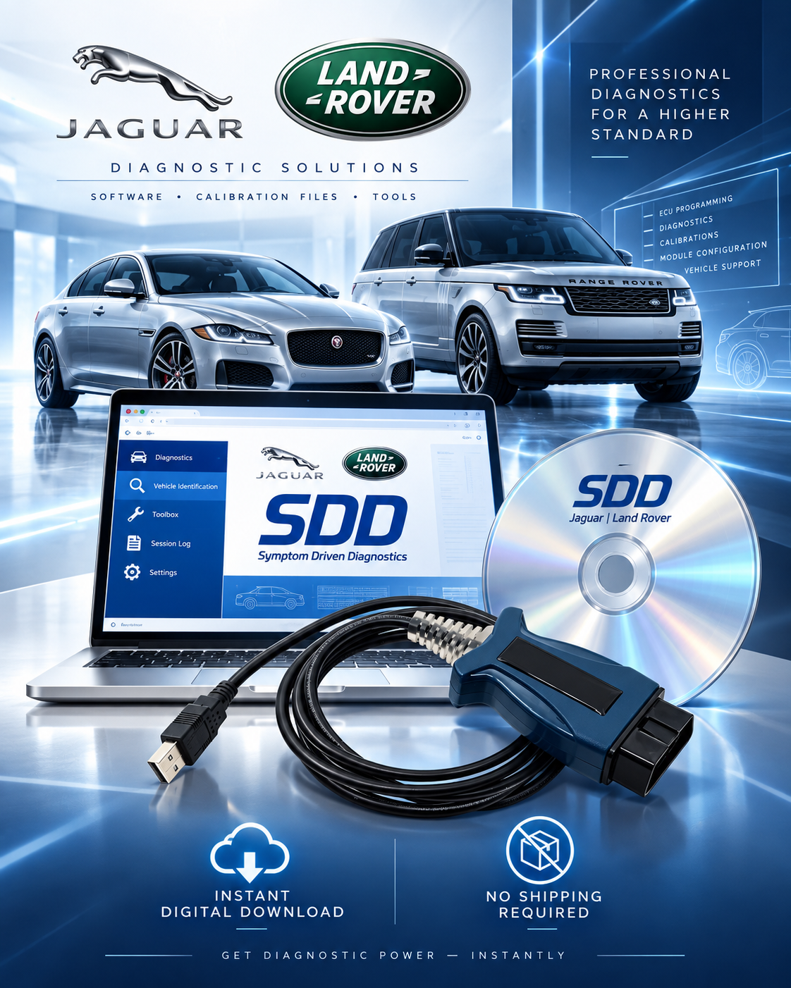 A promotional image showing Jaguar and Land Rover vehicles with diagnostic tools, including a laptop with diagnostic software, a CD, and a diagnostic scanner, advertising instant digital download and no shipping required for symptom-driven car diagnostics.
