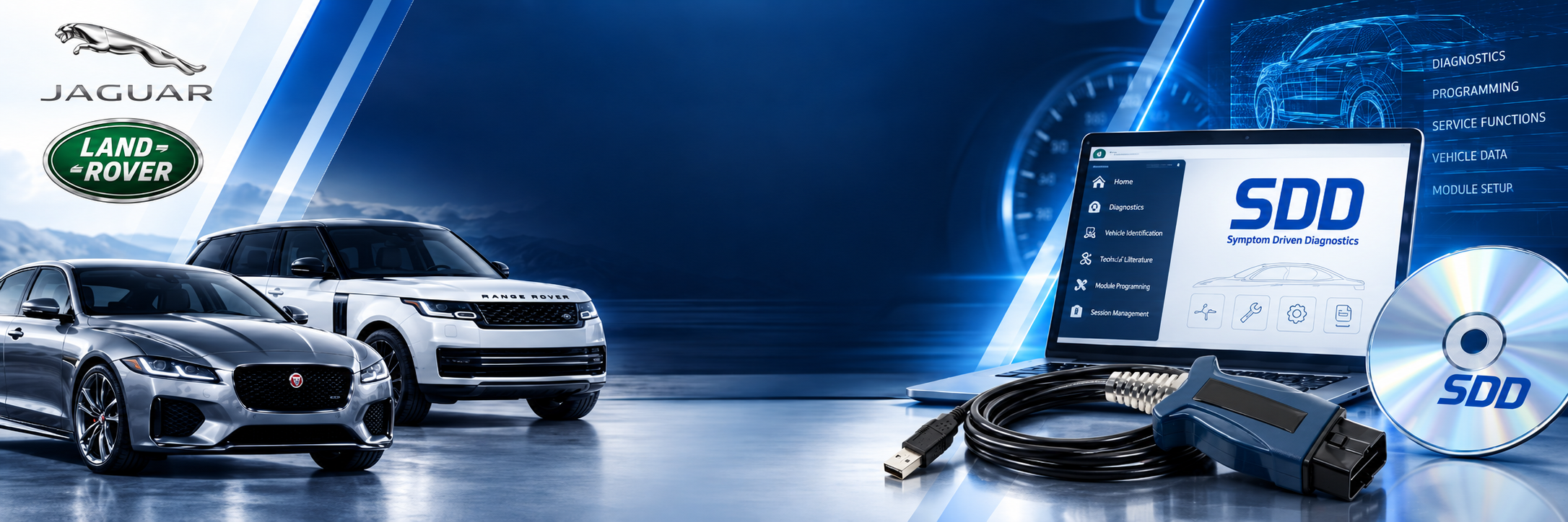 A digital automotive service display featuring two luxury vehicles, a Jaguar and a Land Rover, alongside a diagnostic device, a USB cable, and a software interface screen labeled 'SDD' for symptom-driven diagnostics.